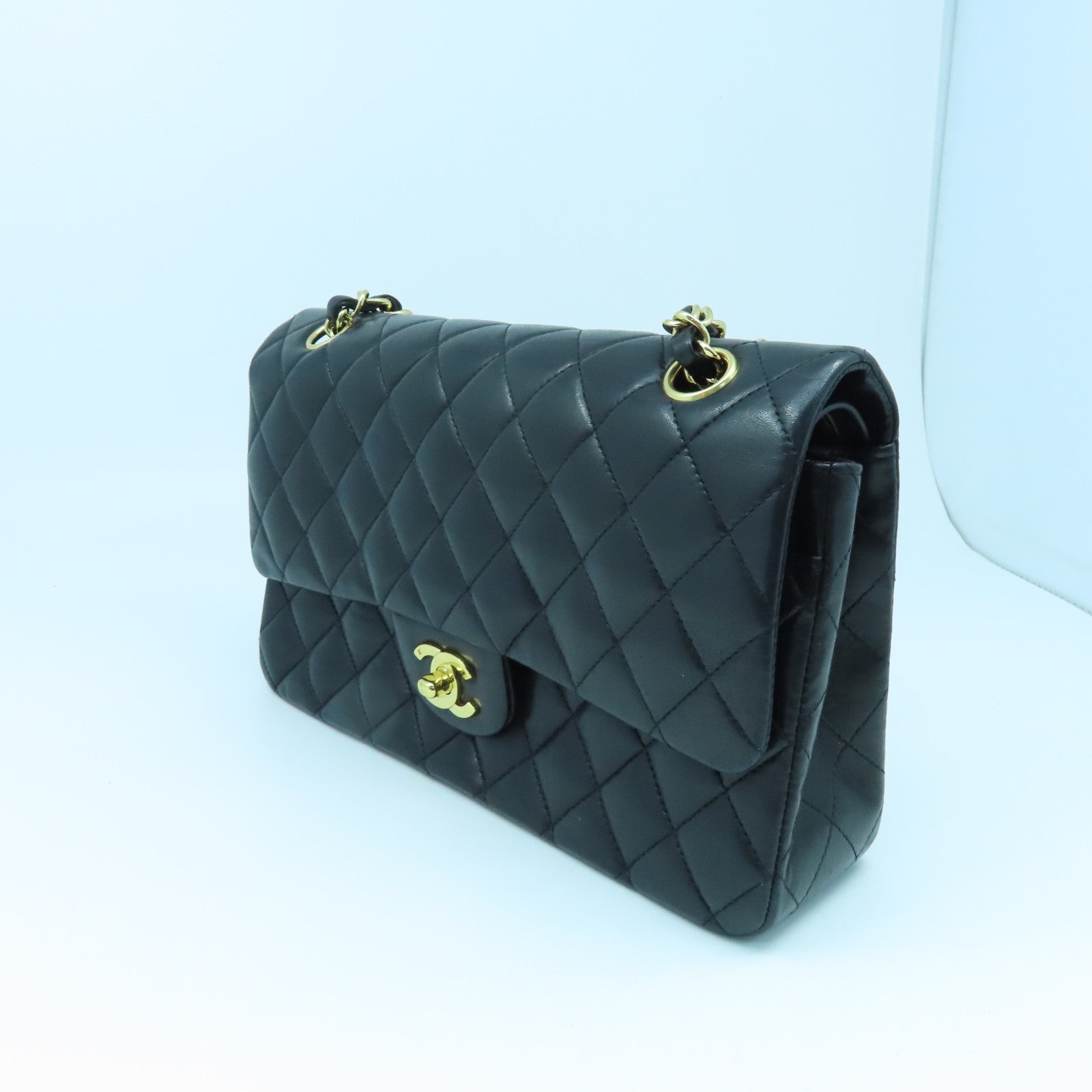 CHANEL 羊皮皮革Classic Flap金扣手挽肩背兩用袋黑色