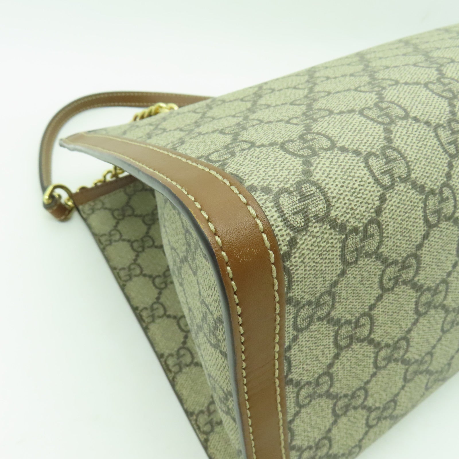 GUCCI 塗層帆布Chain Shoulder Bag金扣鏈帶肩背袋棕色