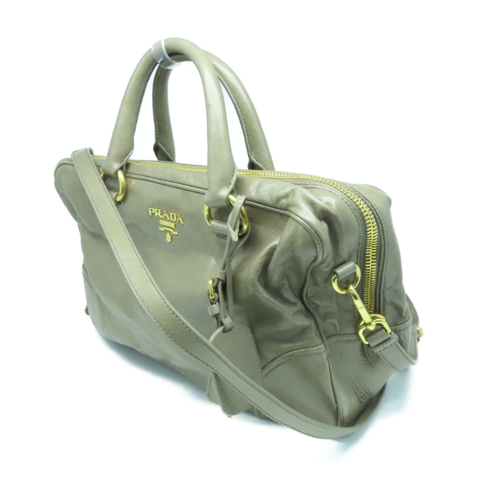 PRADA 牛皮皮革2way Shoulder Bag金扣手挽肩背兩用袋米色