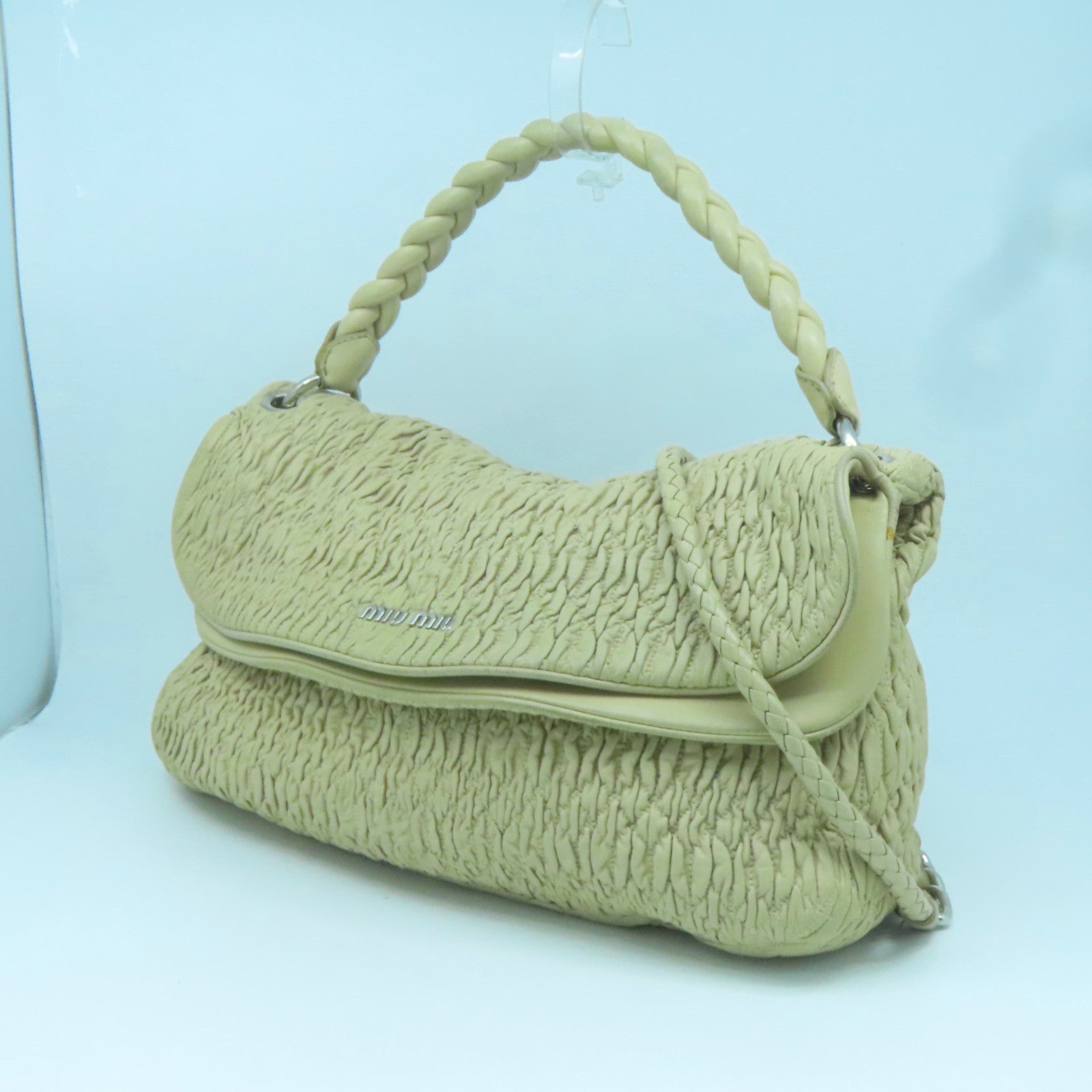 Miu Miu 【激減優惠】牛皮皮革2 Way Bag銀扣手挽肩背兩用袋淺褐色