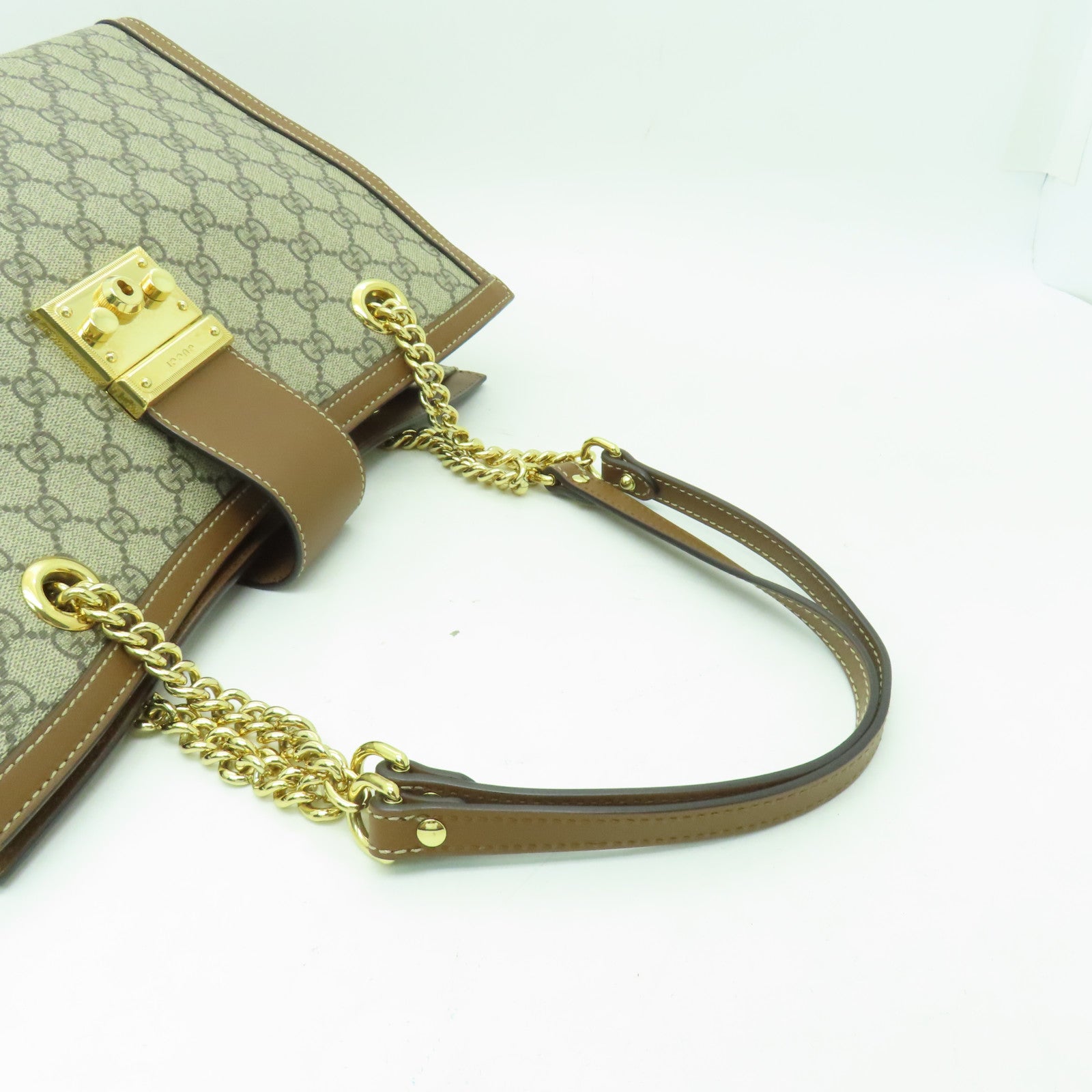 GUCCI 塗層帆布Chain Shoulder Bag金扣鏈帶肩背袋棕色