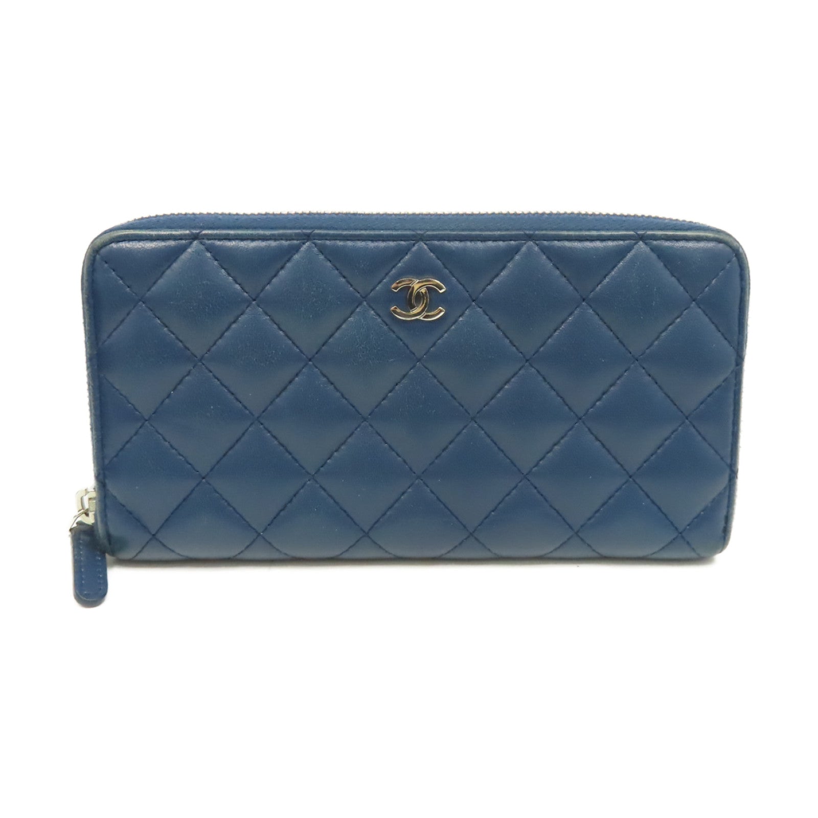 CHANEL 菱格羊皮皮革Round Long Wallet銀扣拉鏈長錢包藍色