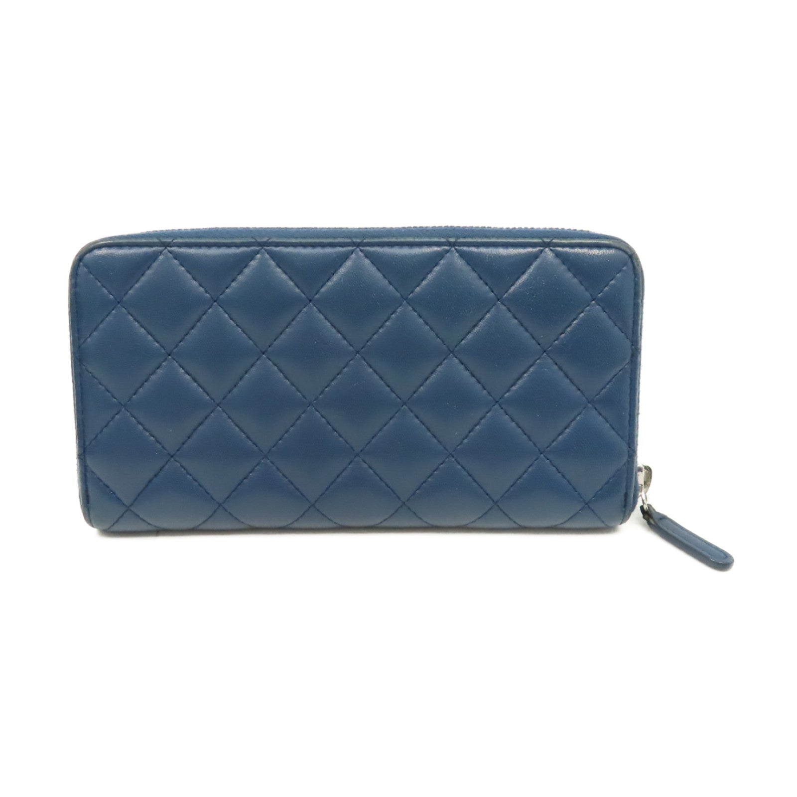 CHANEL 菱格羊皮皮革Round Long Wallet銀扣拉鏈長錢包藍色
