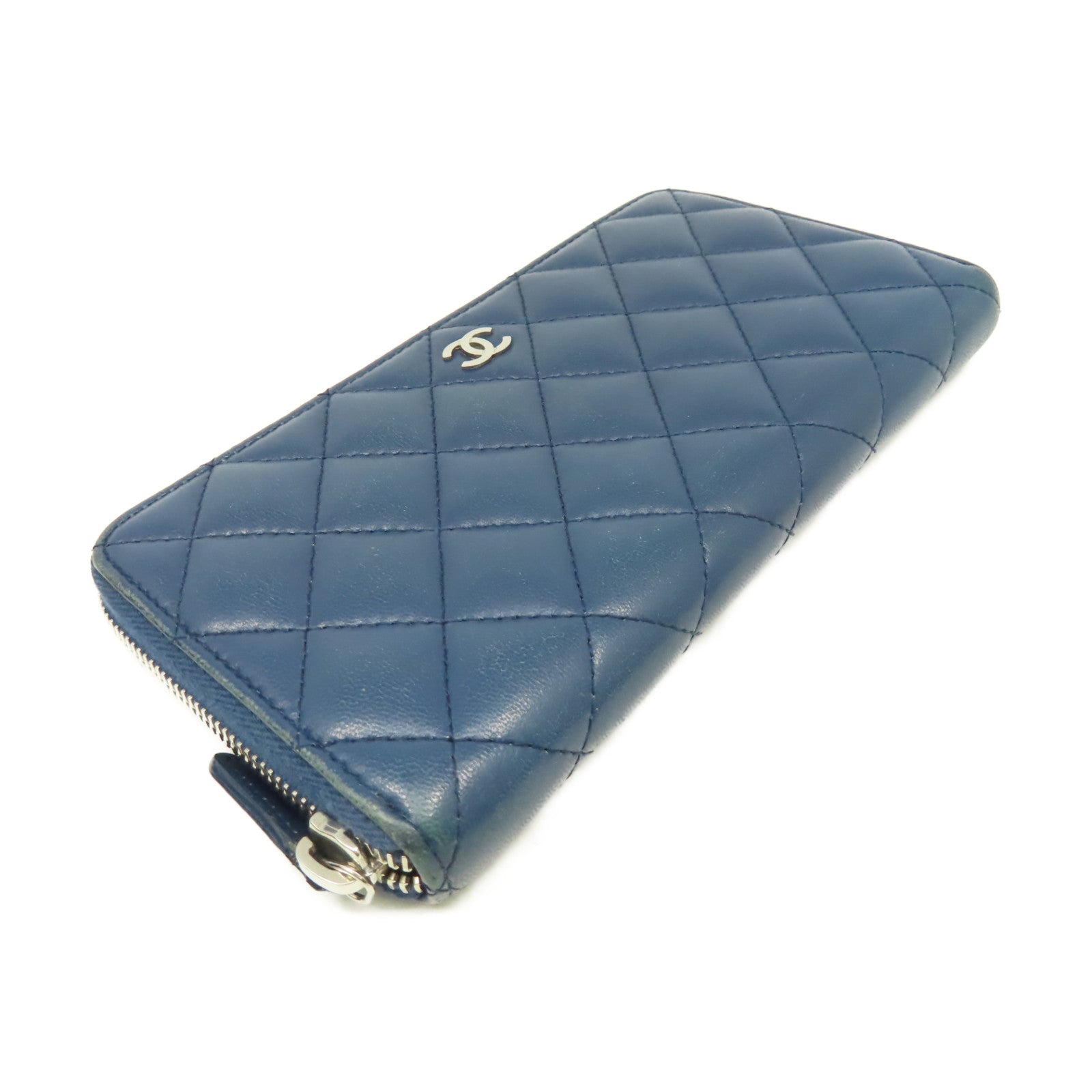 CHANEL 菱格羊皮皮革Round Long Wallet銀扣拉鏈長錢包藍色