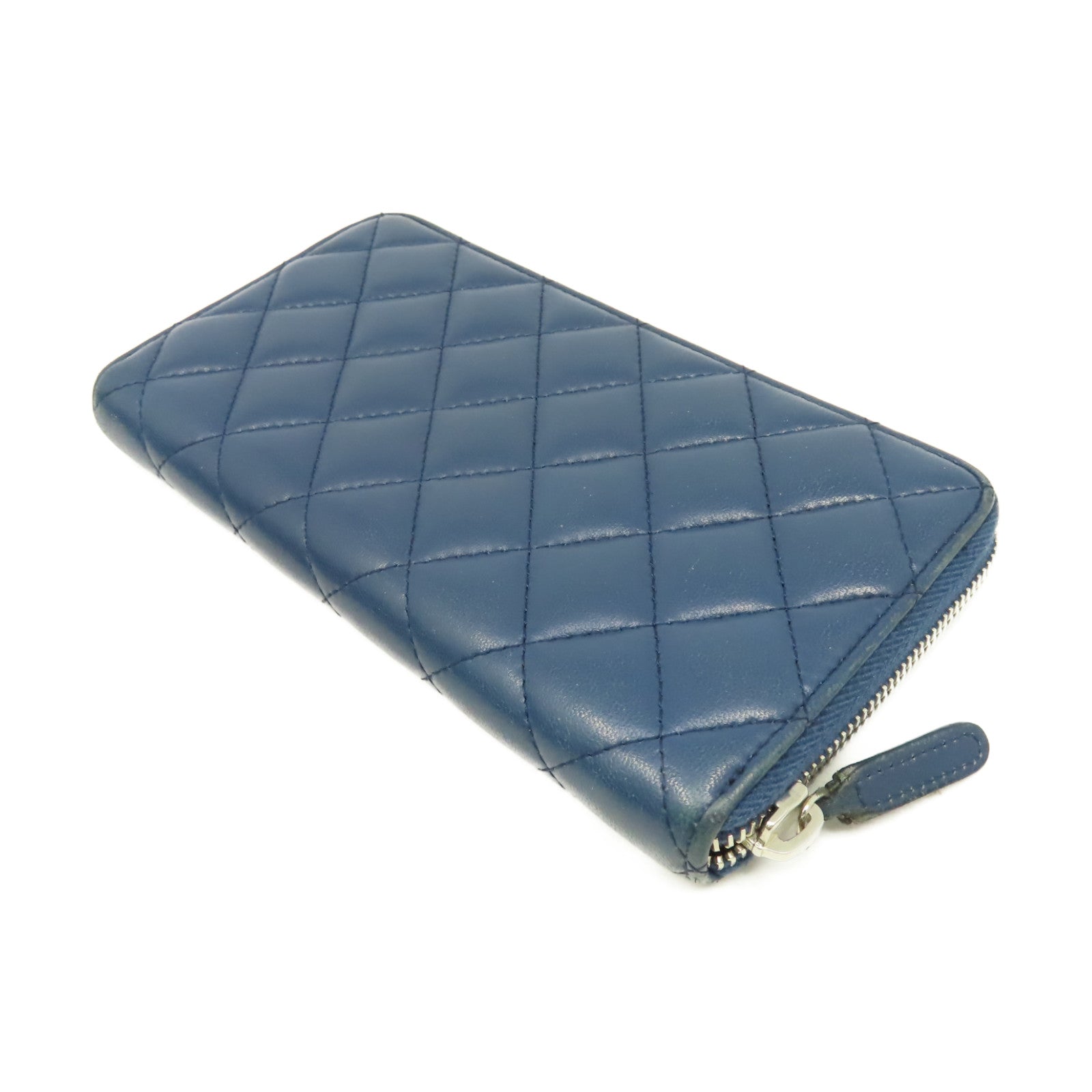 CHANEL 菱格羊皮皮革Round Long Wallet銀扣拉鏈長錢包藍色