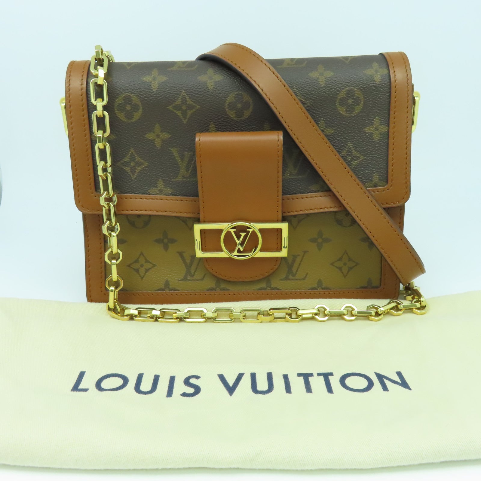 LOUIS VUITTON Monogram Reverse Dauphine MM金扣肩背袋啡色