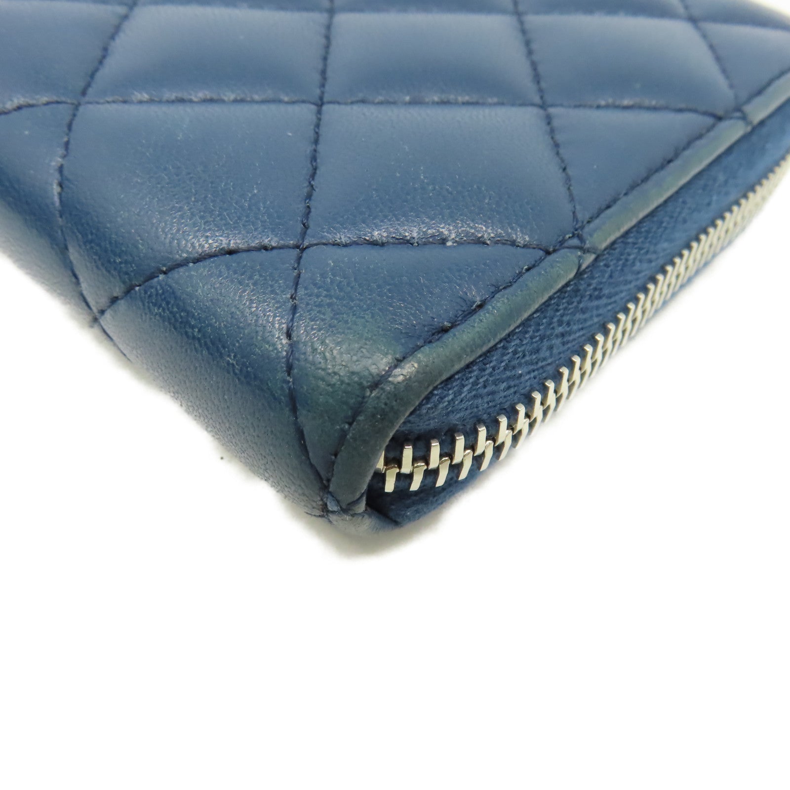 CHANEL 菱格羊皮皮革Round Long Wallet銀扣拉鏈長錢包藍色