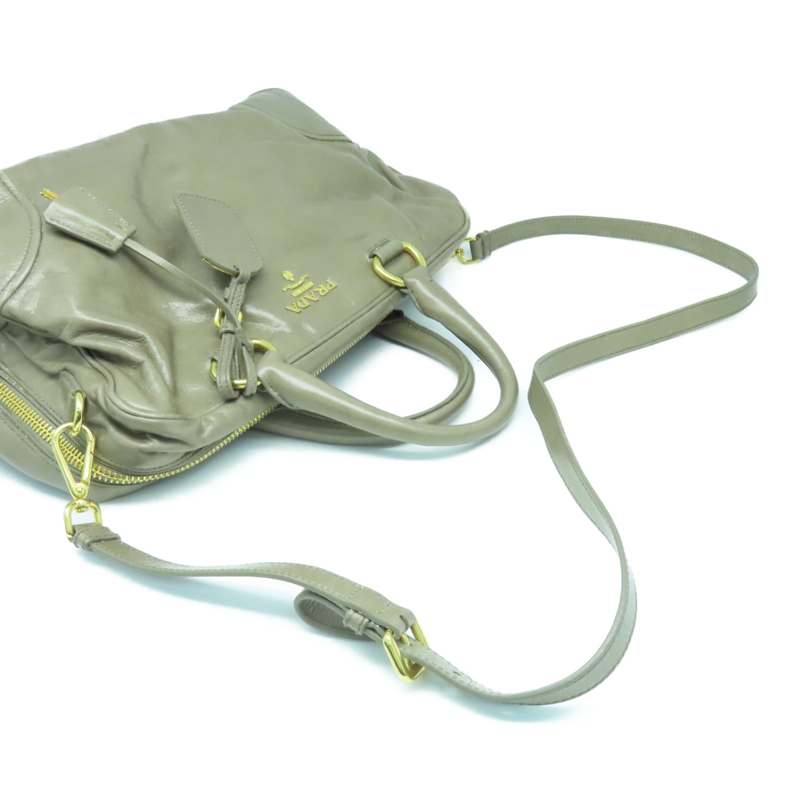 PRADA 牛皮皮革2way Shoulder Bag金扣手挽肩背兩用袋米色