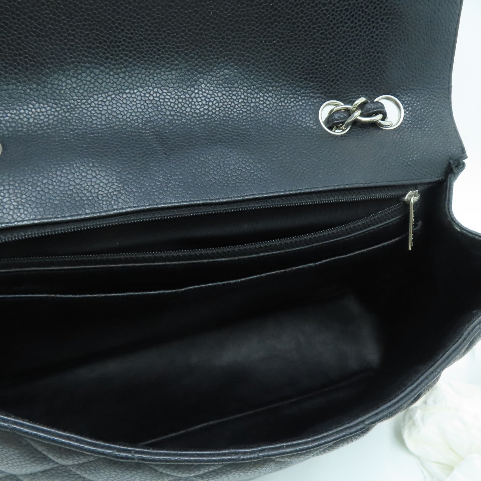CHANEL [Sharp Reduction Offer] Rhombus Caviar Leather Classic Jumbo Silver Buckle Shoulder Bag Black