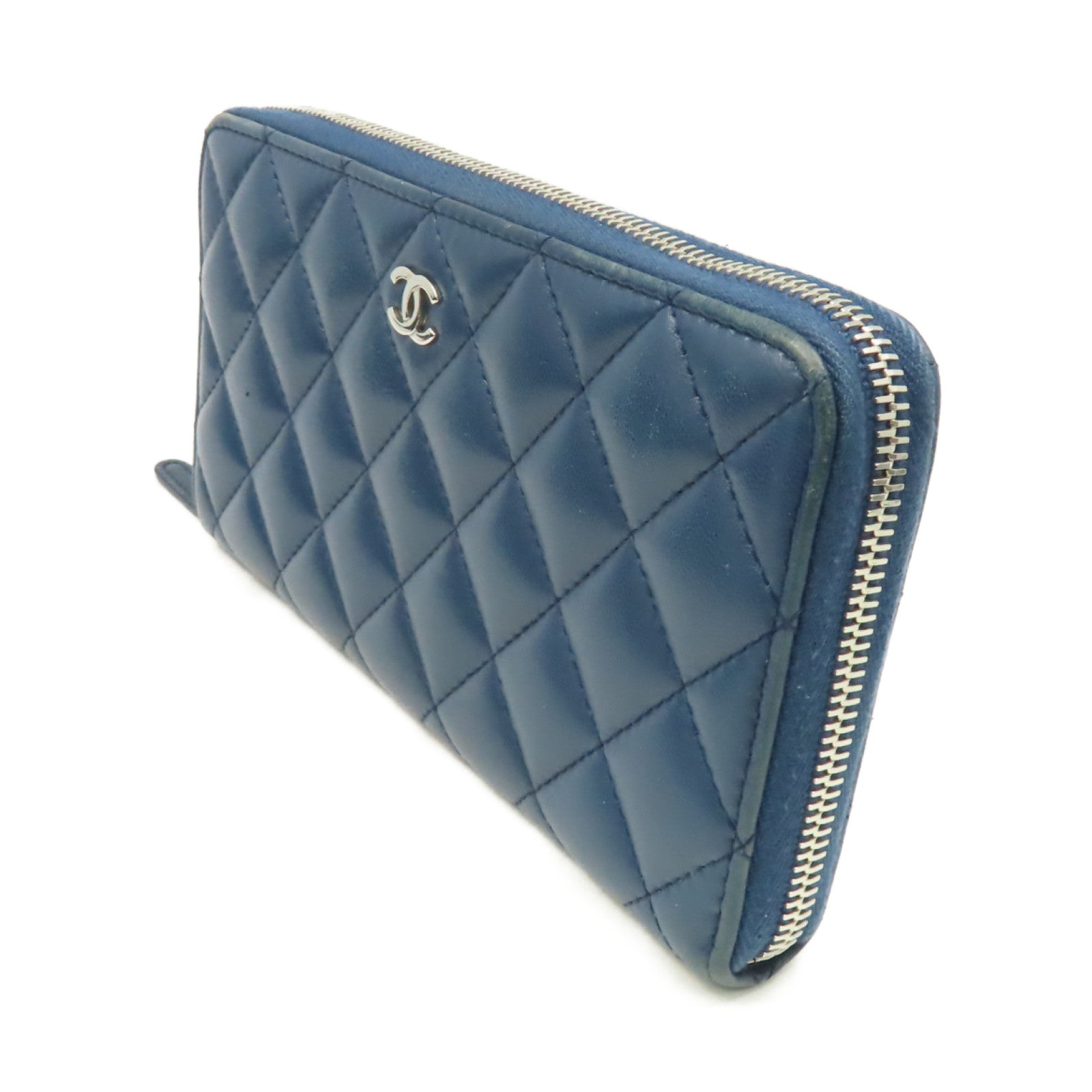 CHANEL 菱格羊皮皮革Round Long Wallet銀扣拉鏈長錢包藍色