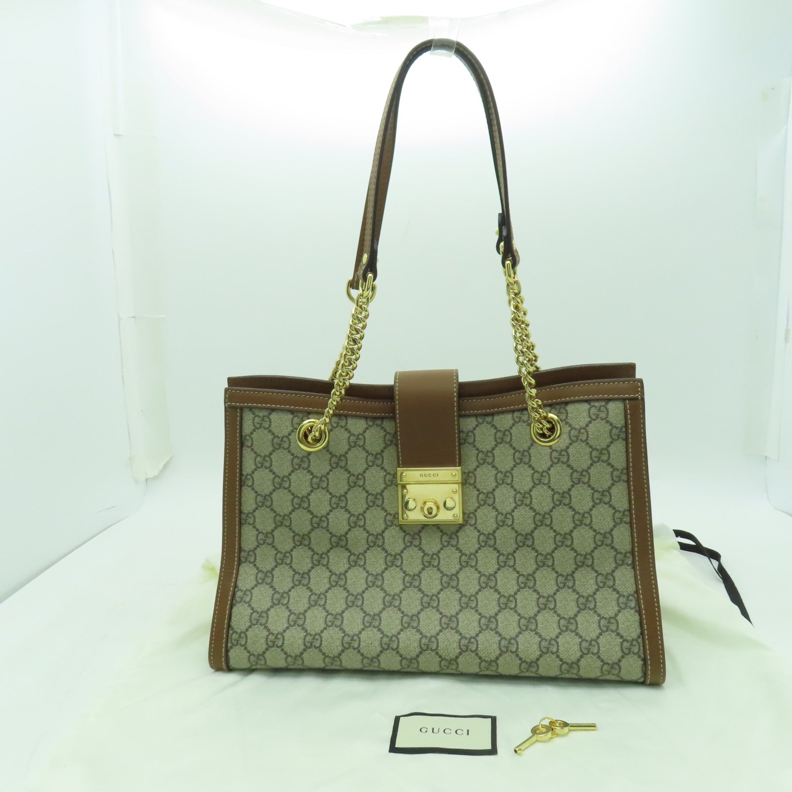 GUCCI 塗層帆布Chain Shoulder Bag金扣鏈帶肩背袋棕色