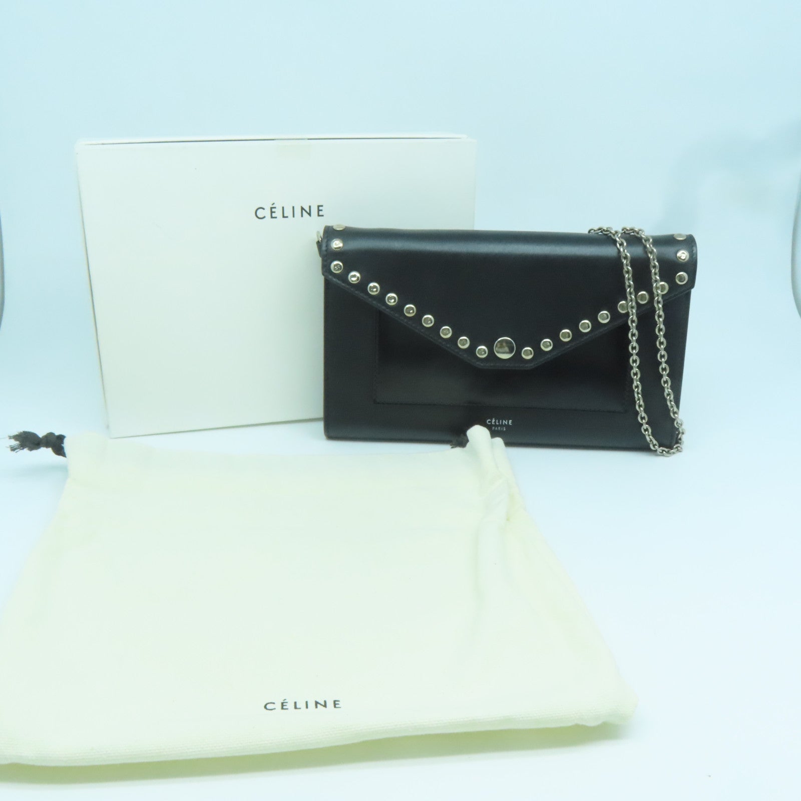 CELINE 牛皮皮革Chain Shoulder Bag銀扣鏈帶肩背袋黑色