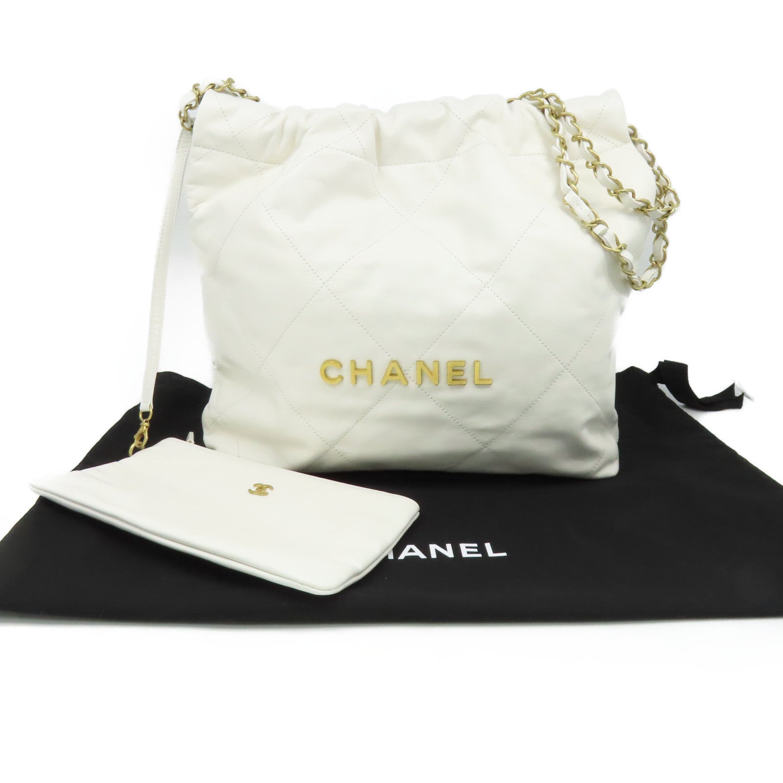 CHANEL 菱格牛皮皮革Chanel Small 22 Chain Shoulder Bag金扣鏈帶肩背袋白色