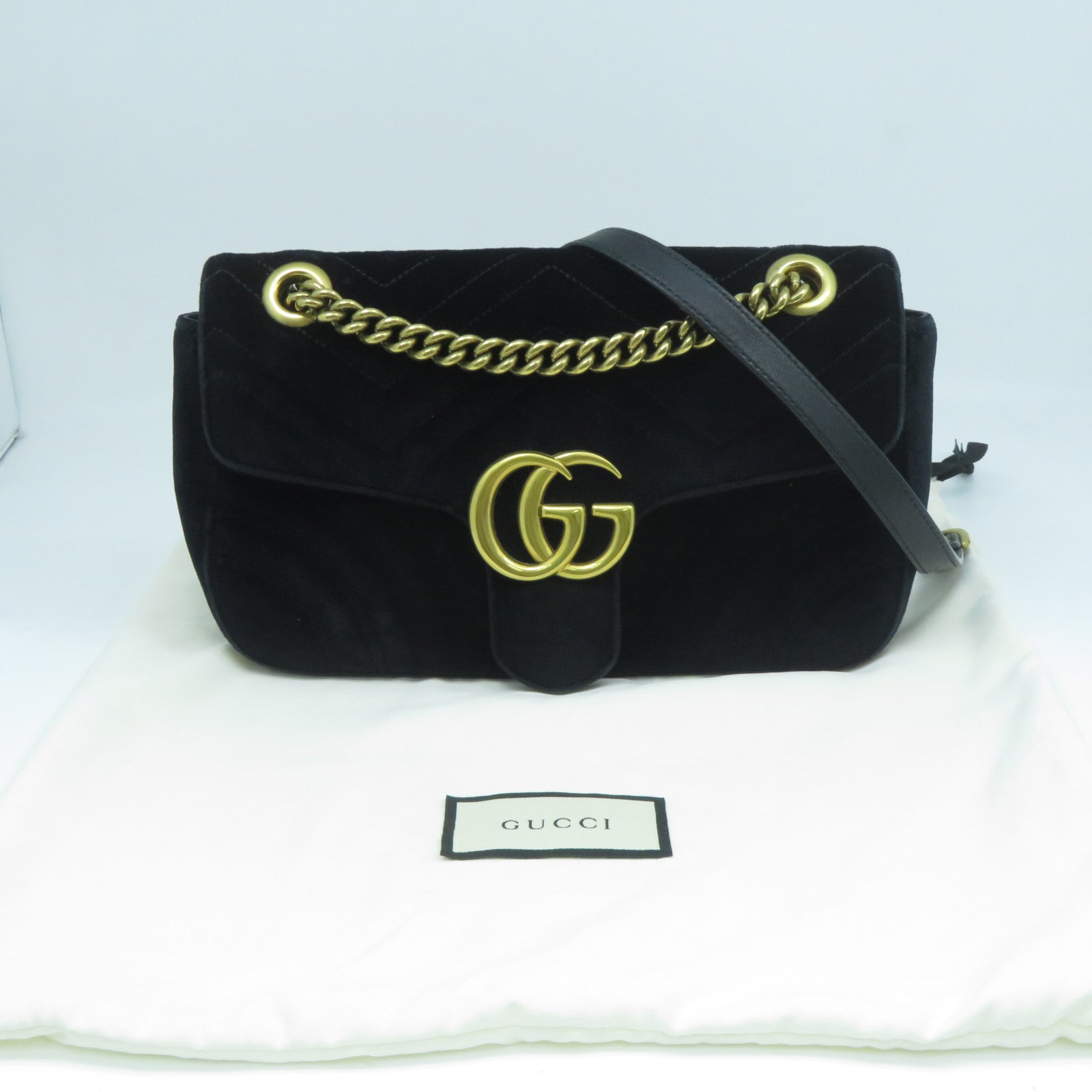 GUCCI 麂皮皮革GG Marmont金扣鏈帶肩背袋黑色