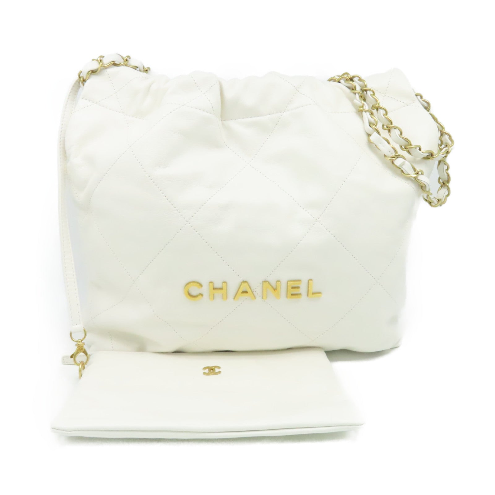 CHANEL 菱格牛皮皮革Chanel Small 22 Chain Shoulder Bag金扣鏈帶肩背袋白色