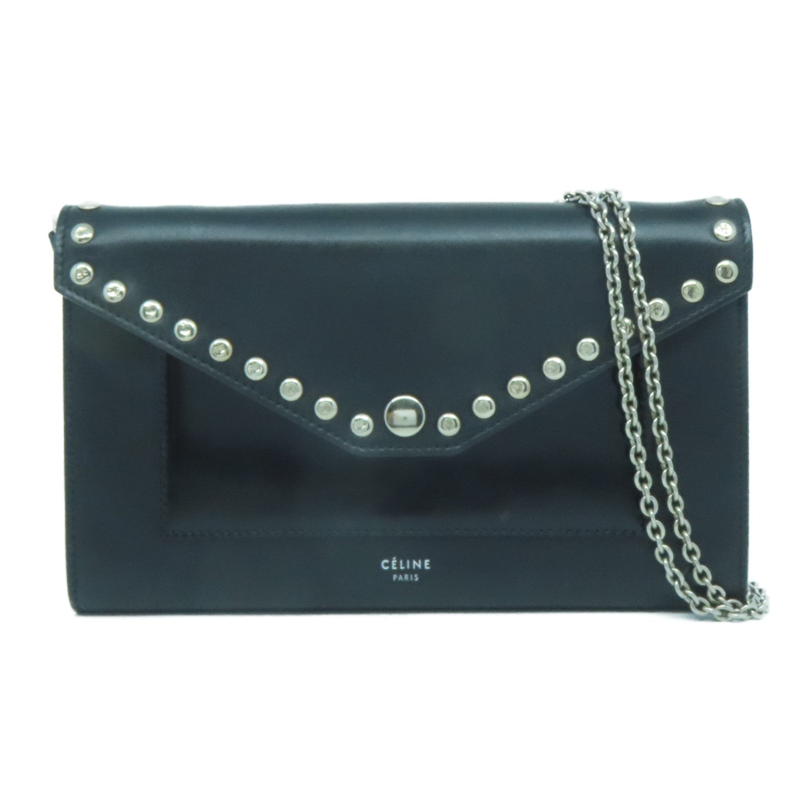 CELINE 牛皮皮革Chain Shoulder Bag銀扣鏈帶肩背袋黑色