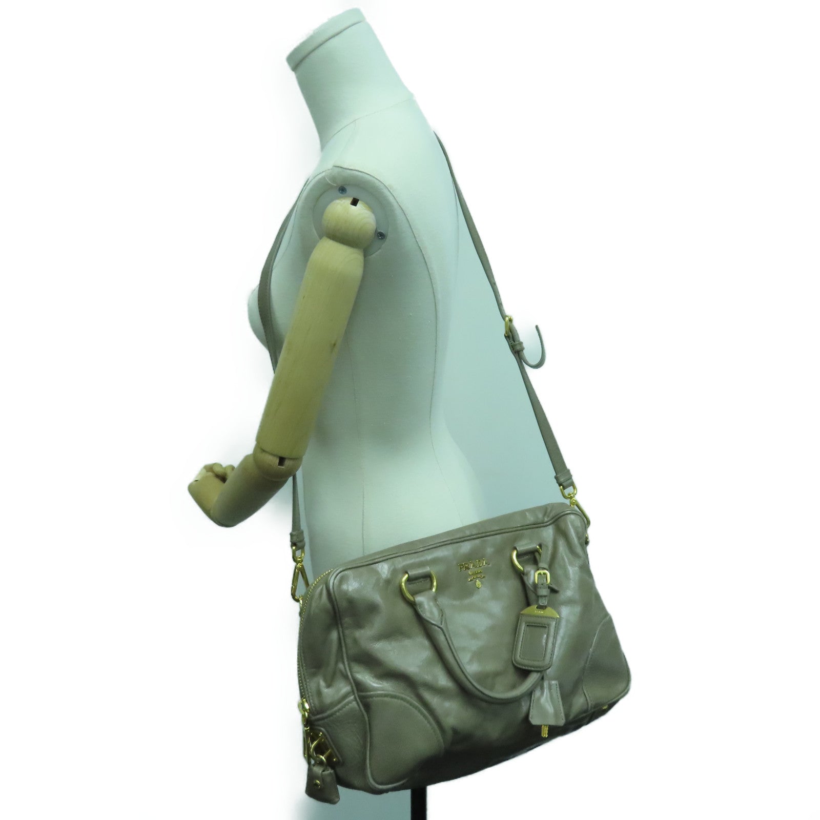 PRADA 牛皮皮革2way Shoulder Bag金扣手挽肩背兩用袋米色