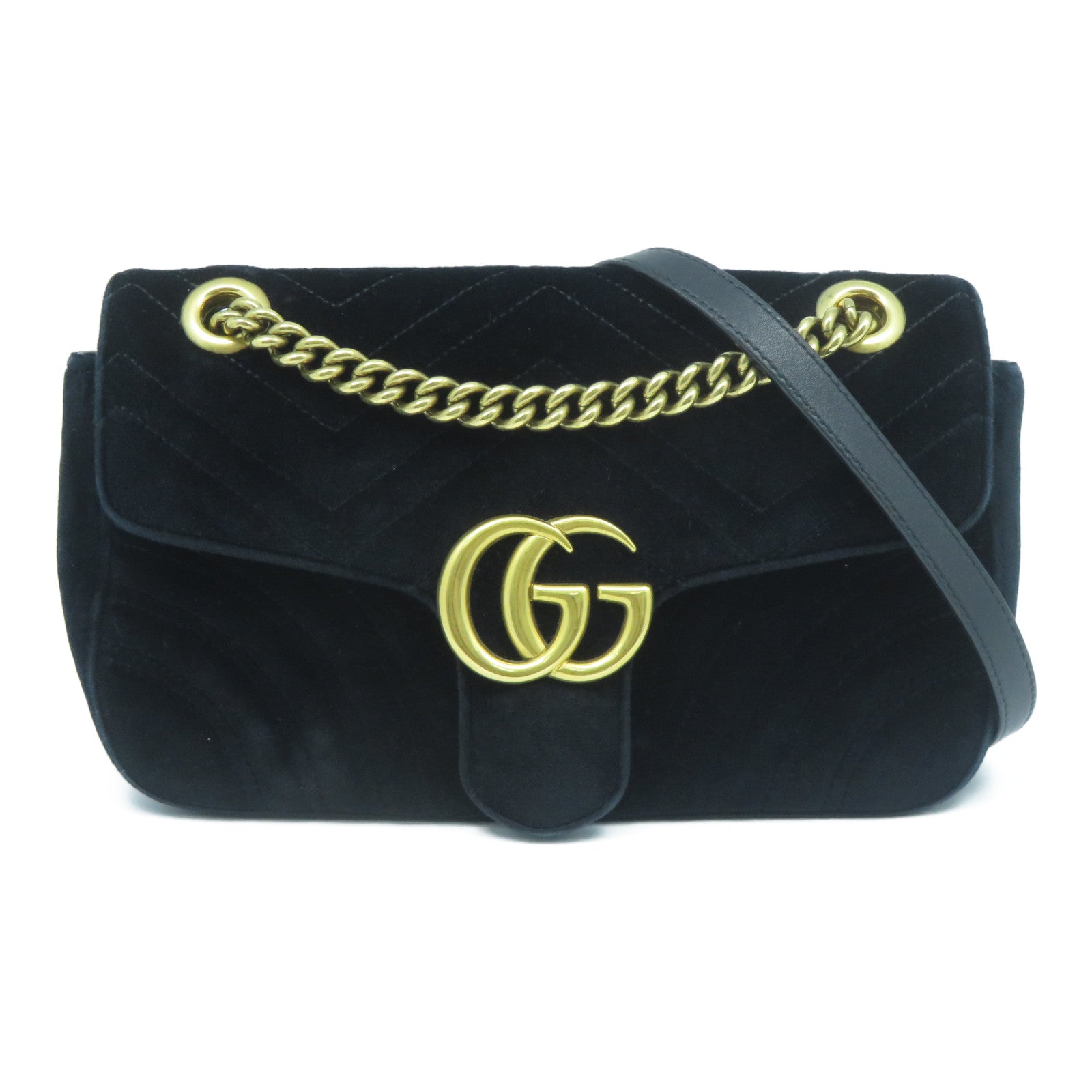 GUCCI 麂皮皮革GG Marmont金扣鏈帶肩背袋黑色