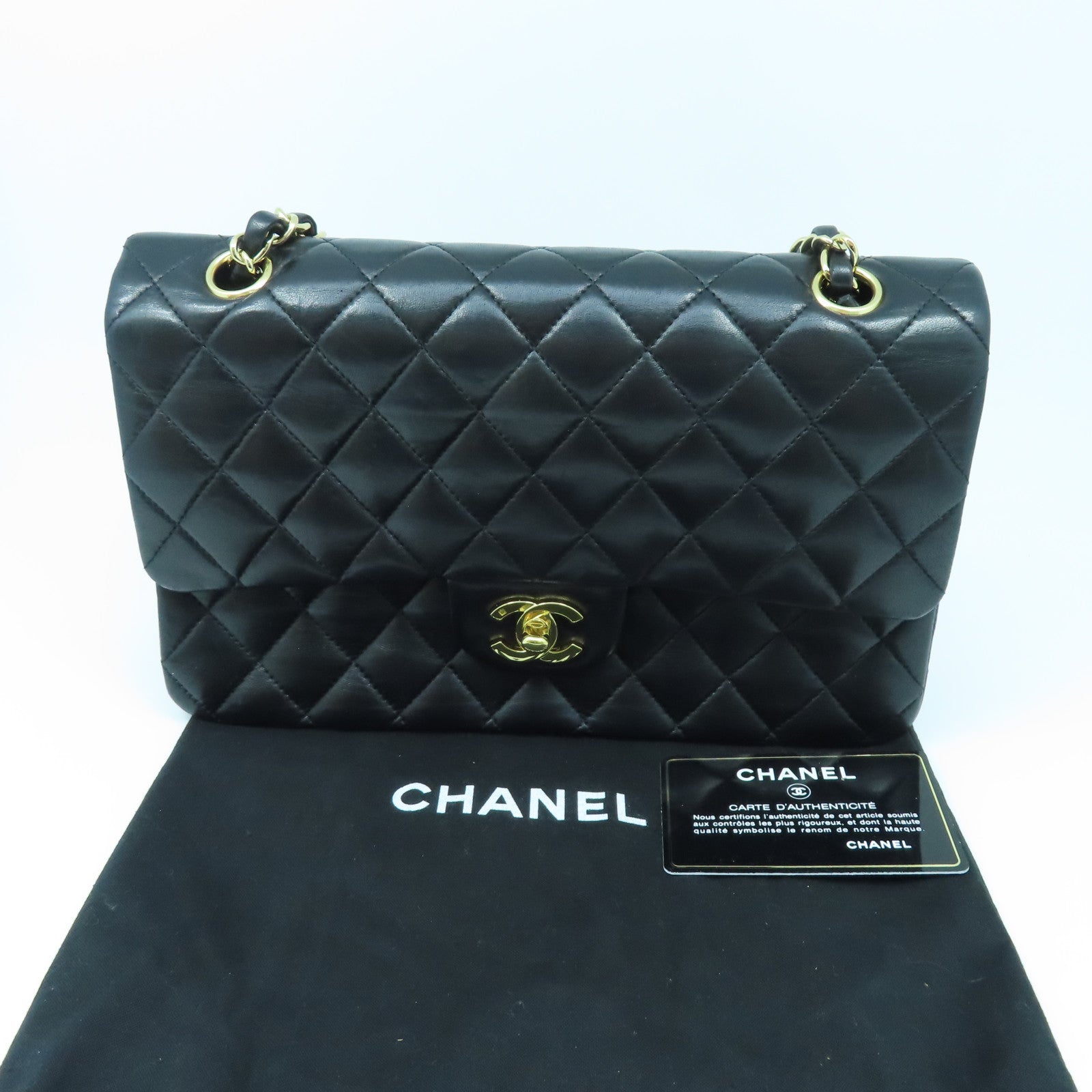 CHANEL 羊皮皮革Classic Flap金扣手挽肩背兩用袋黑色
