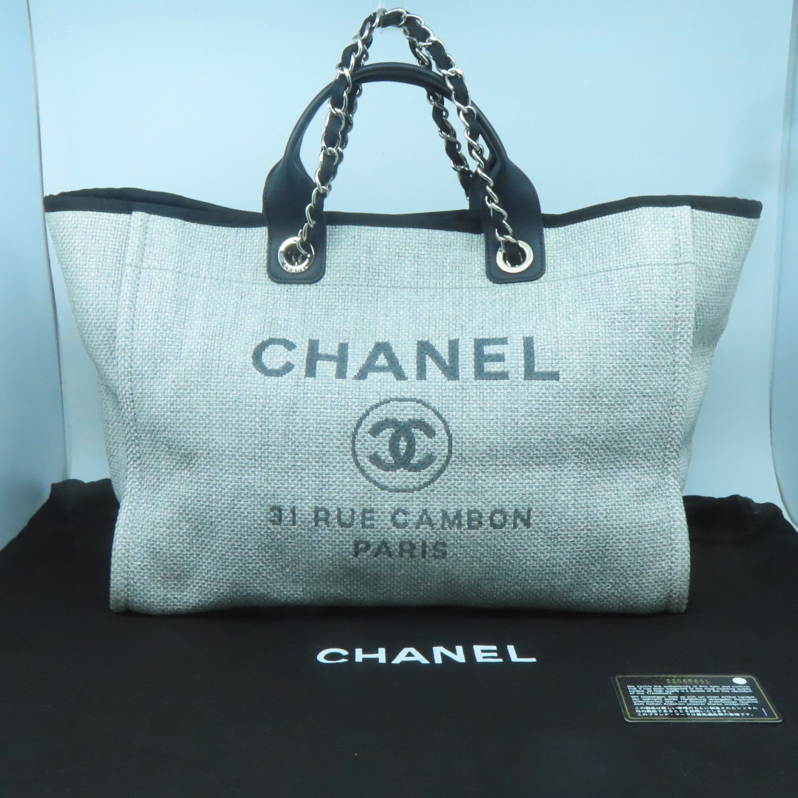 CHANEL 帆布/皮革Deauville Tote銀扣手挽肩背兩用袋灰色/黑色