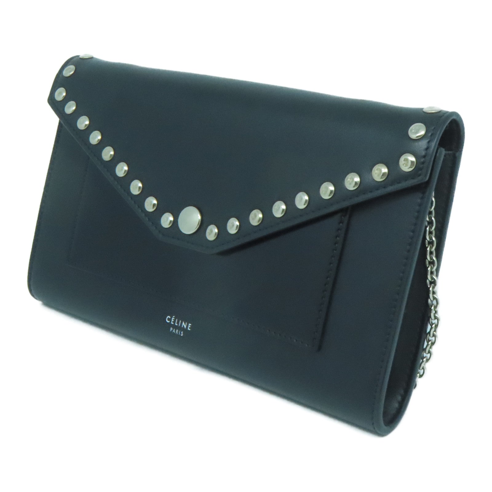 CELINE 牛皮皮革Chain Shoulder Bag銀扣鏈帶肩背袋黑色