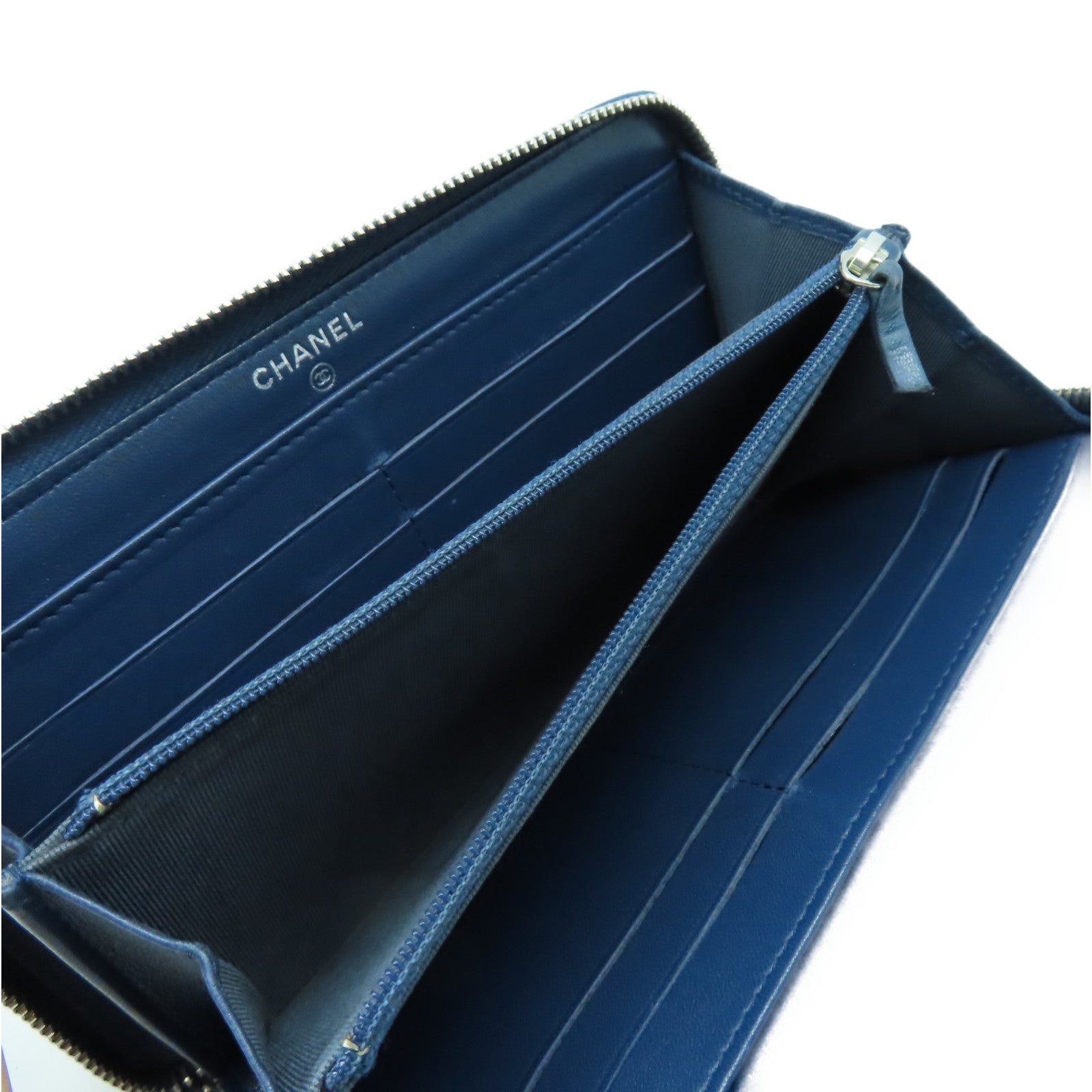 CHANEL 菱格羊皮皮革Round Long Wallet銀扣拉鏈長錢包藍色