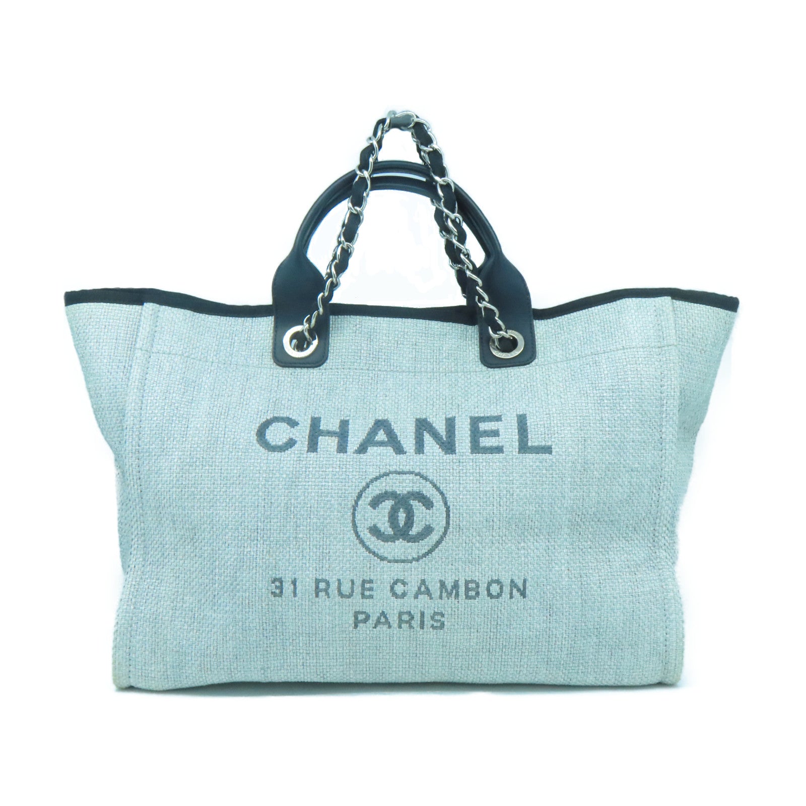 CHANEL 帆布/皮革Deauville Tote銀扣手挽肩背兩用袋灰色/黑色