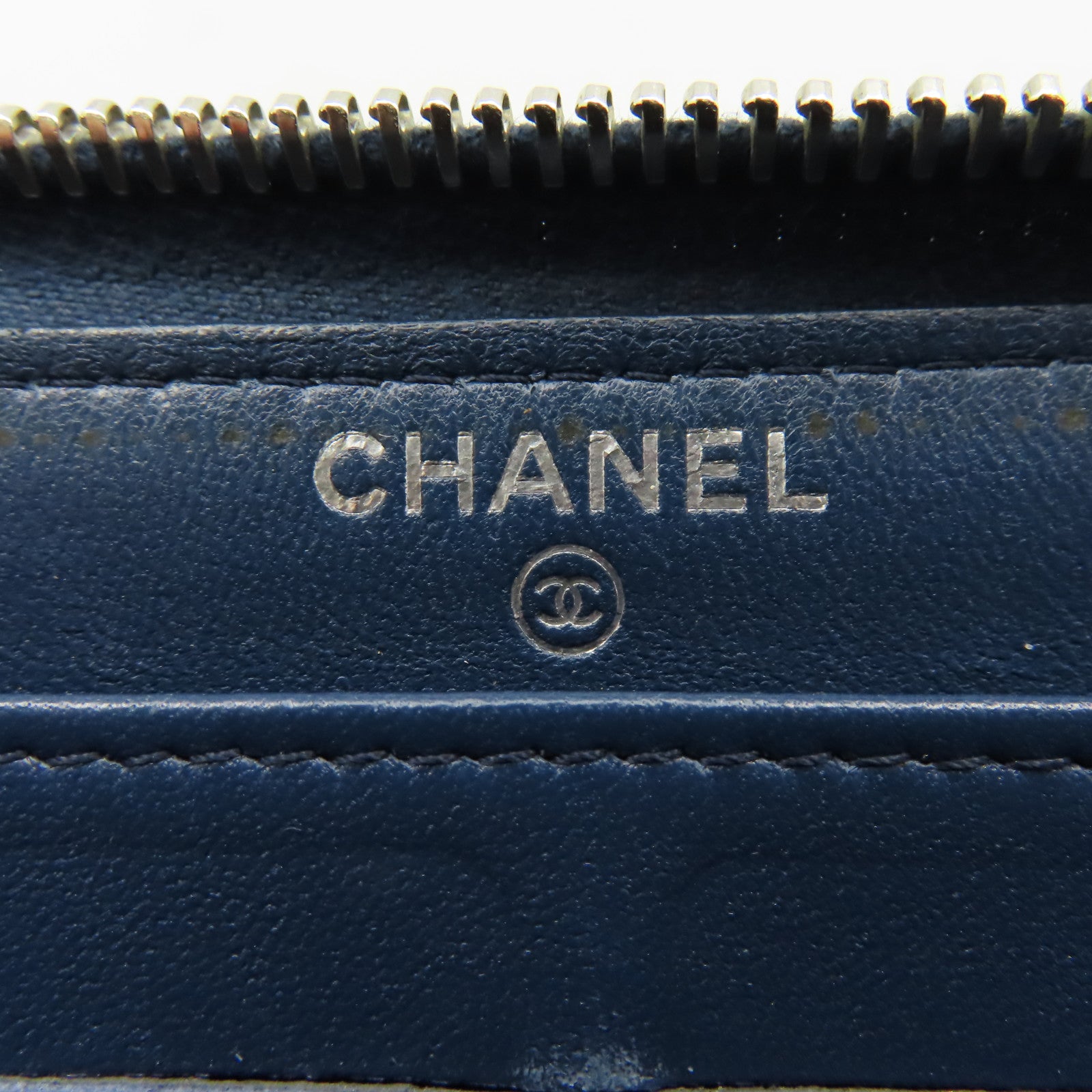 CHANEL 菱格羊皮皮革Round Long Wallet銀扣拉鏈長錢包藍色