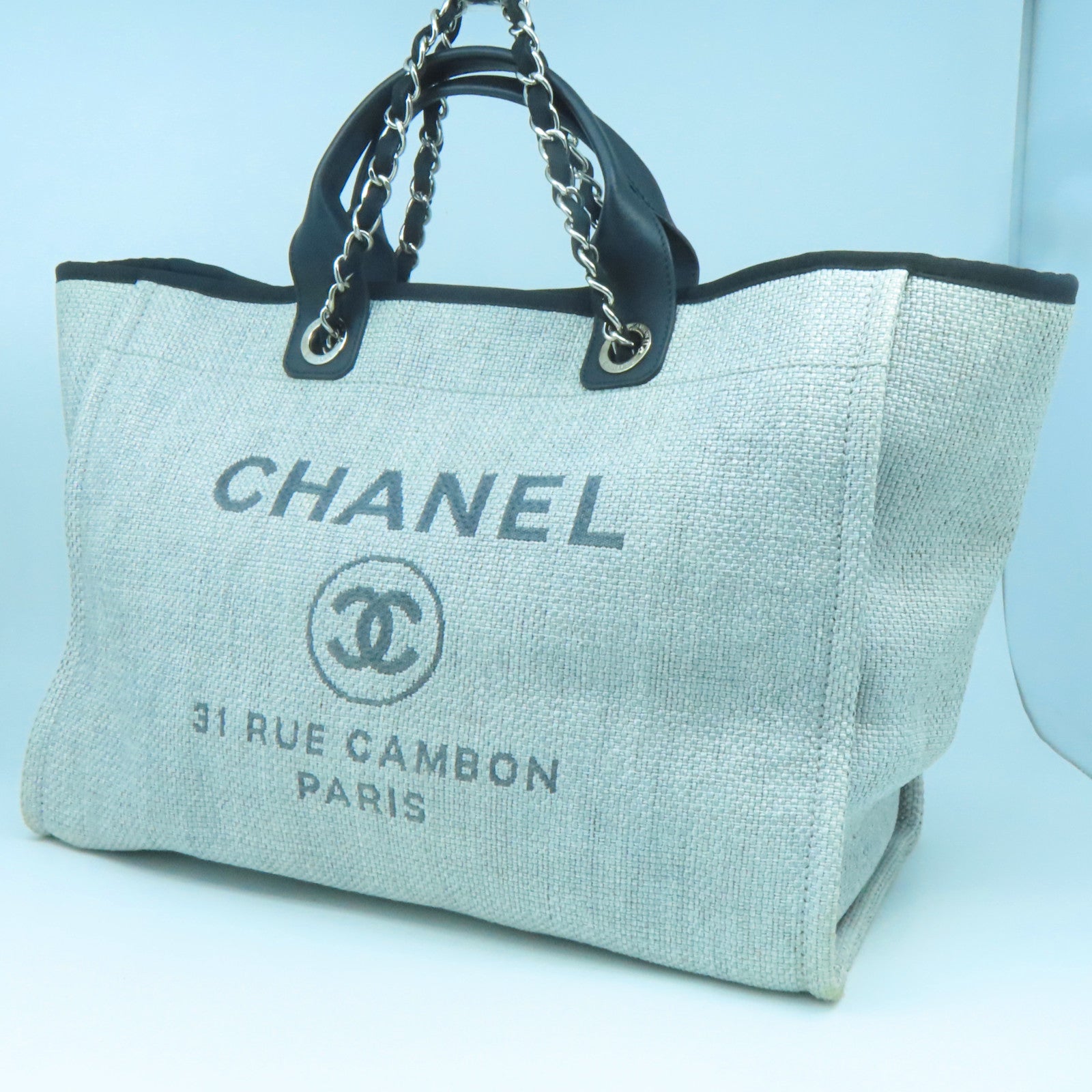 CHANEL 帆布/皮革Deauville Tote銀扣手挽肩背兩用袋灰色/黑色