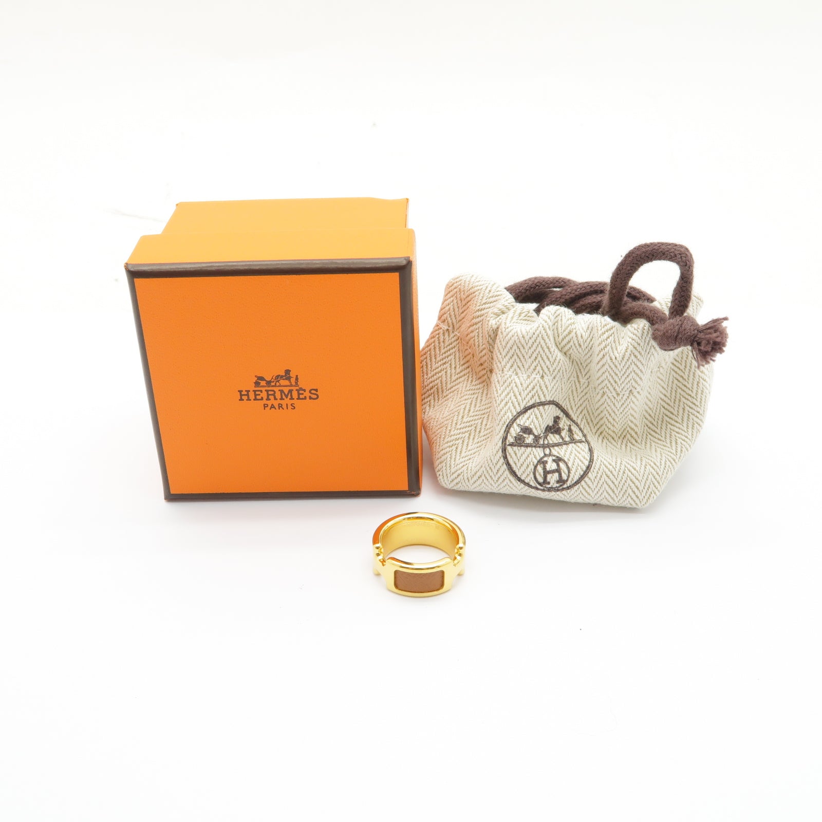 HERMES 金屬/皮革Olympe Ring Small Model戒指US#6.5啡色/金色
