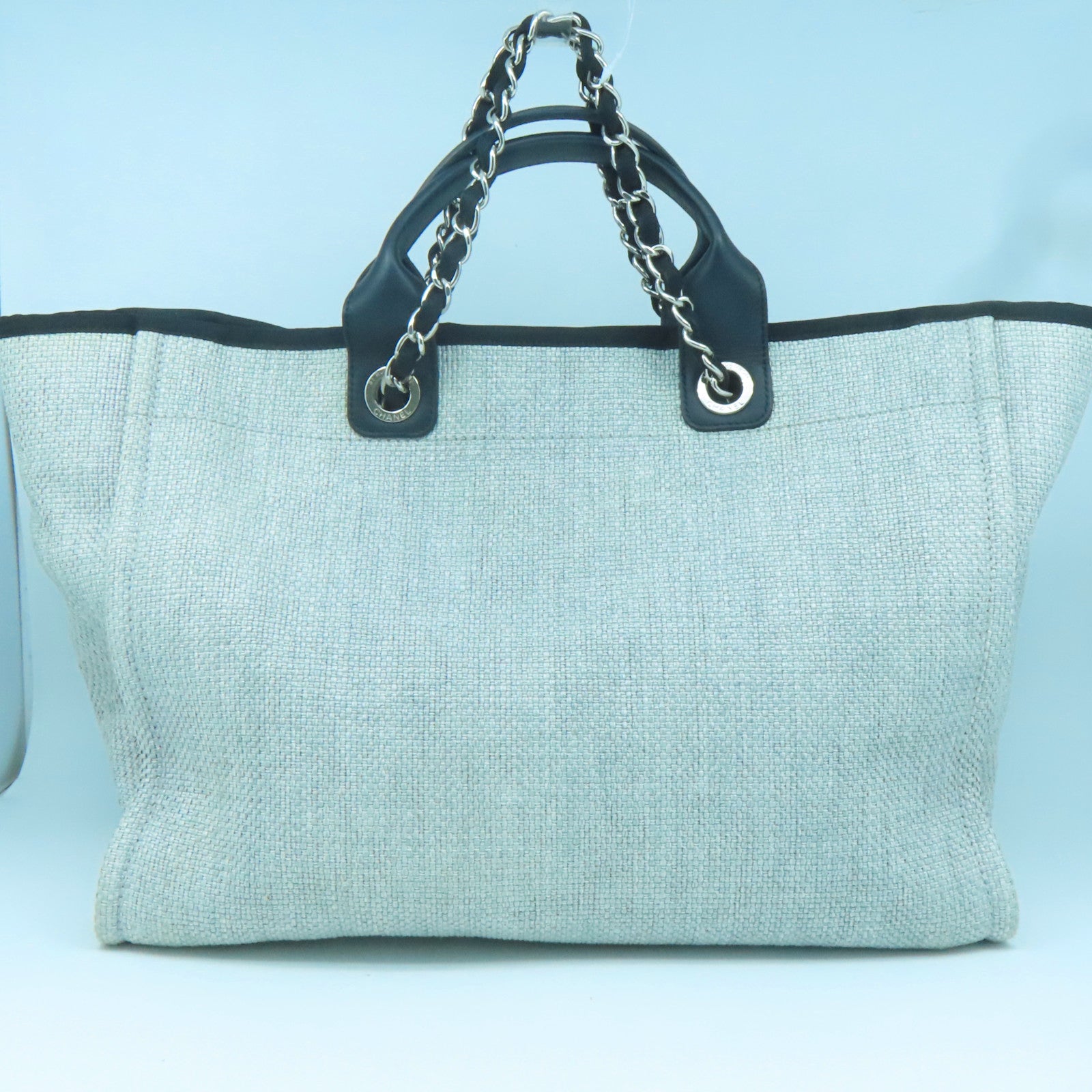 CHANEL 帆布/皮革Deauville Tote銀扣手挽肩背兩用袋灰色/黑色