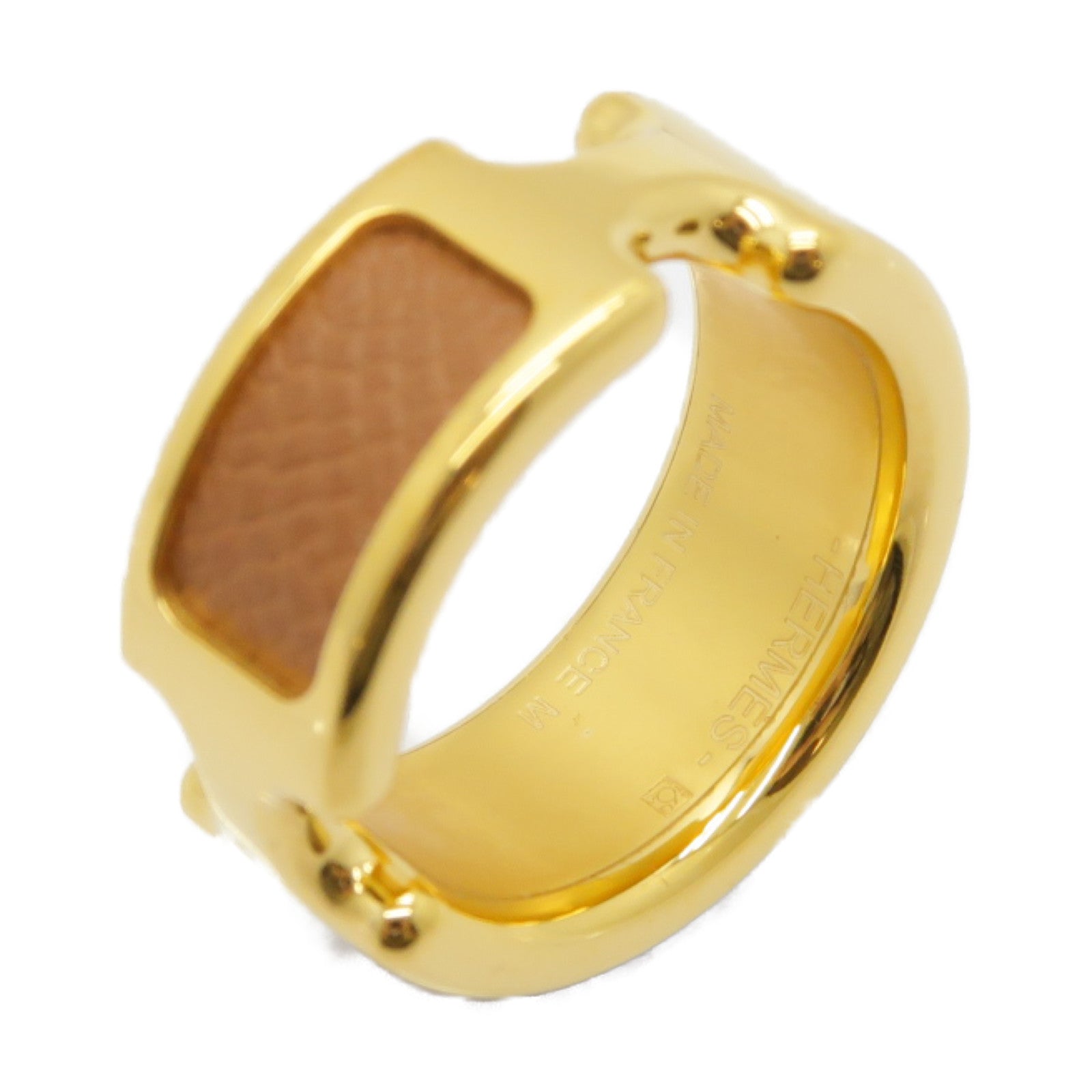 HERMES 金屬/皮革Olympe Ring Small Model戒指US#6.5啡色/金色