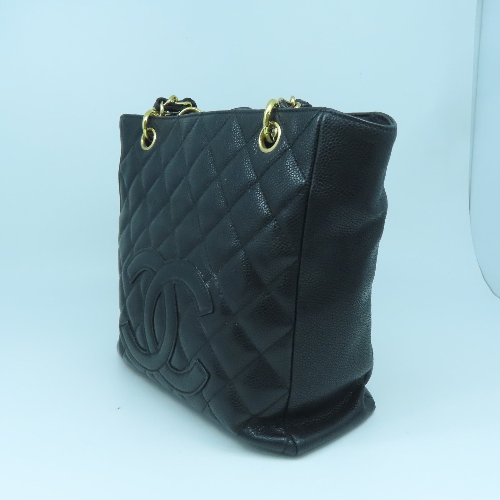 CHANEL 菱格Caviar皮革Chain Shoulder金扣鏈帶肩背袋黑色