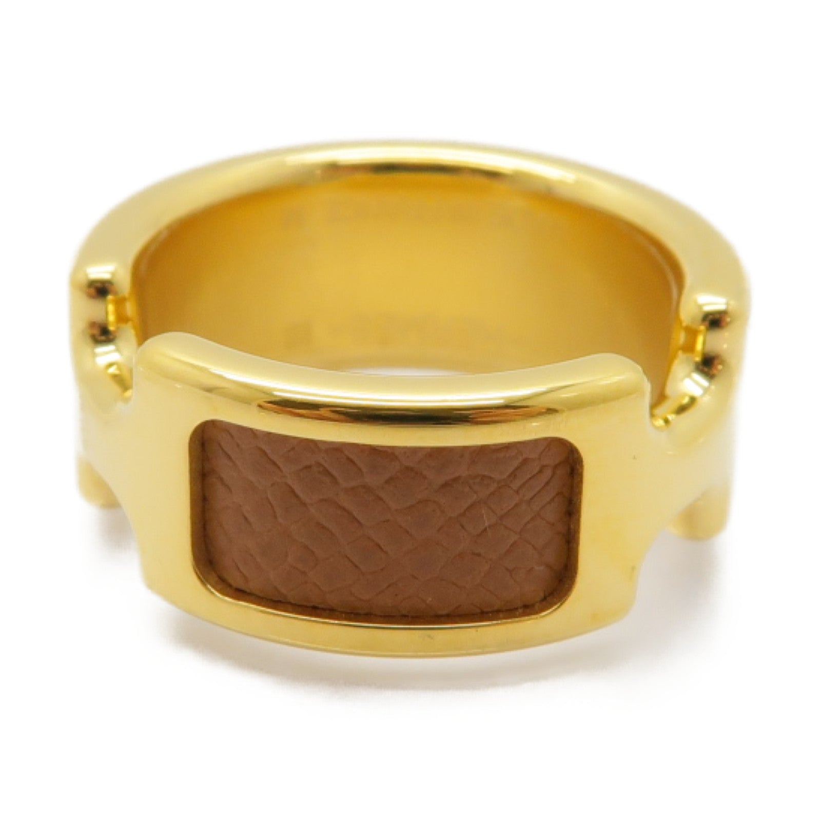 HERMES 金屬/皮革Olympe Ring Small Model戒指US#6.5啡色/金色