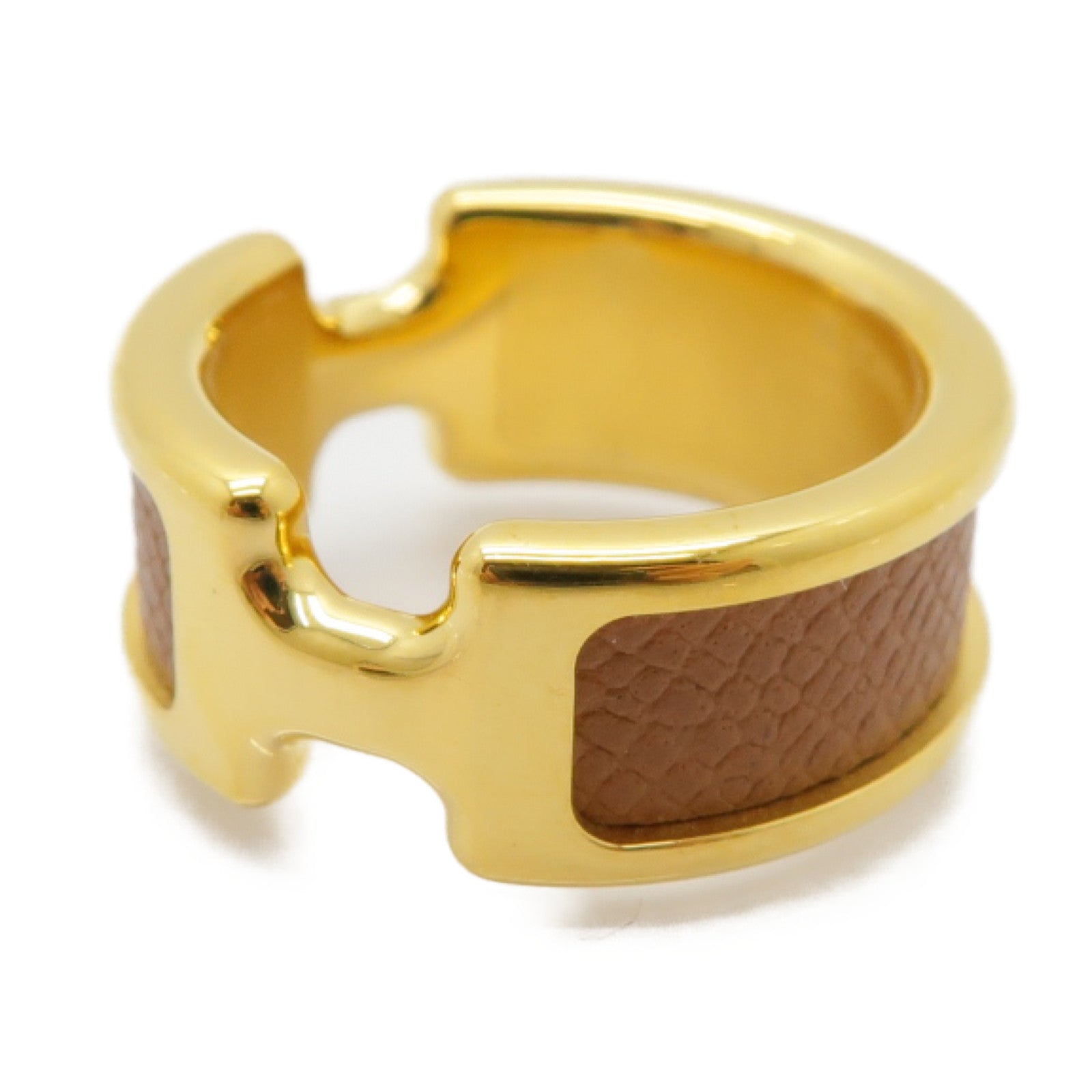 HERMES 金屬/皮革Olympe Ring Small Model戒指US#6.5啡色/金色