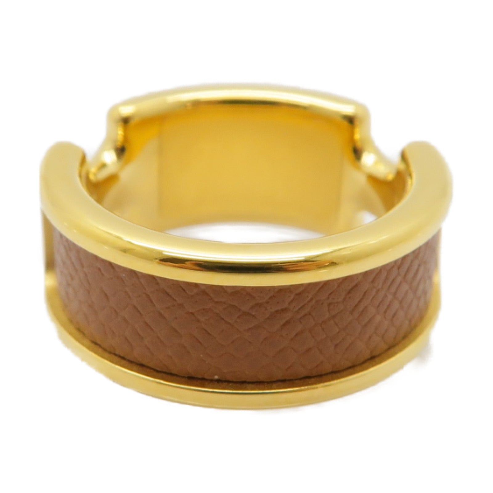 HERMES 金屬/皮革Olympe Ring Small Model戒指US#6.5啡色/金色