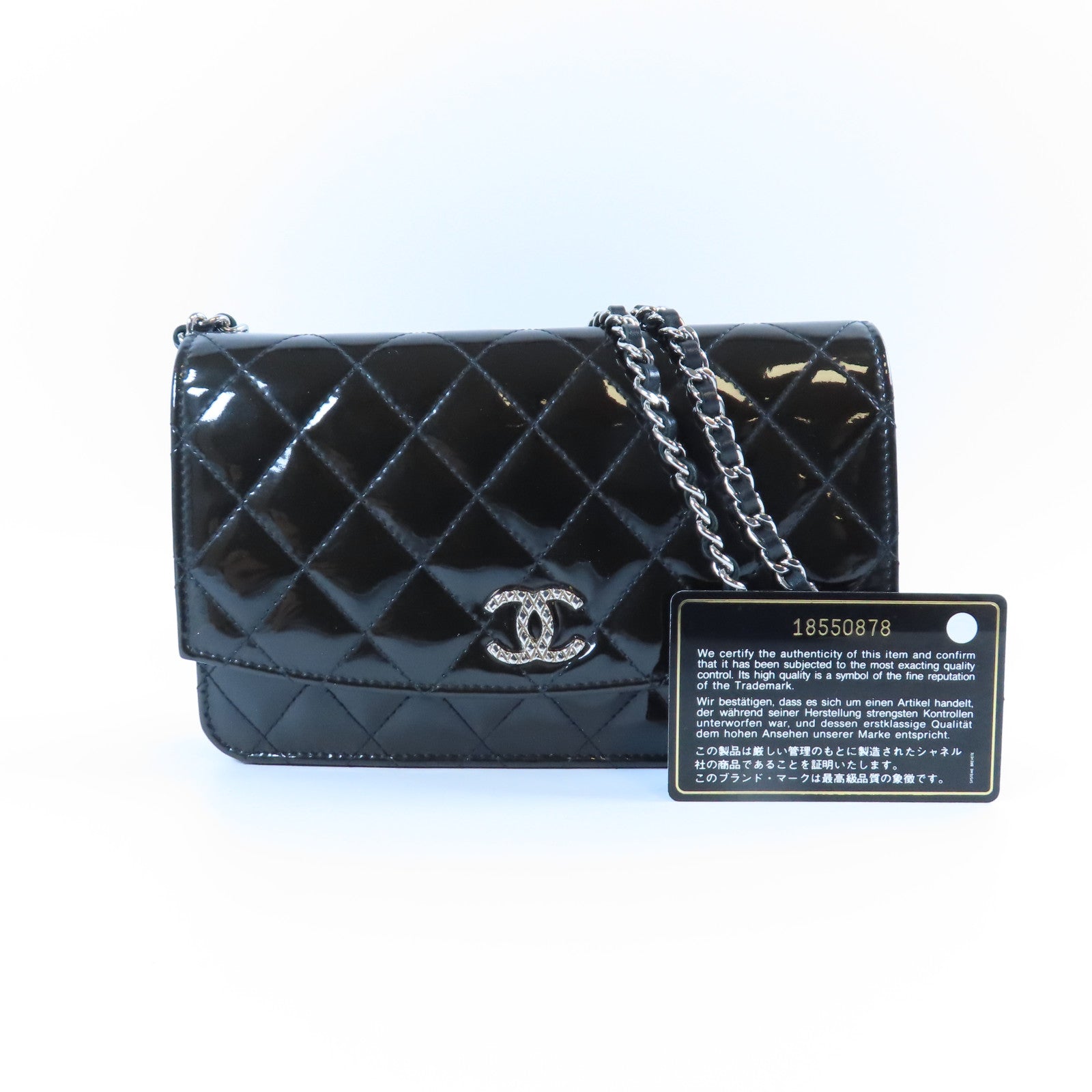 CHANEL 菱格漆皮皮革Wallet On Chain銀扣鏈帶肩背袋黑色