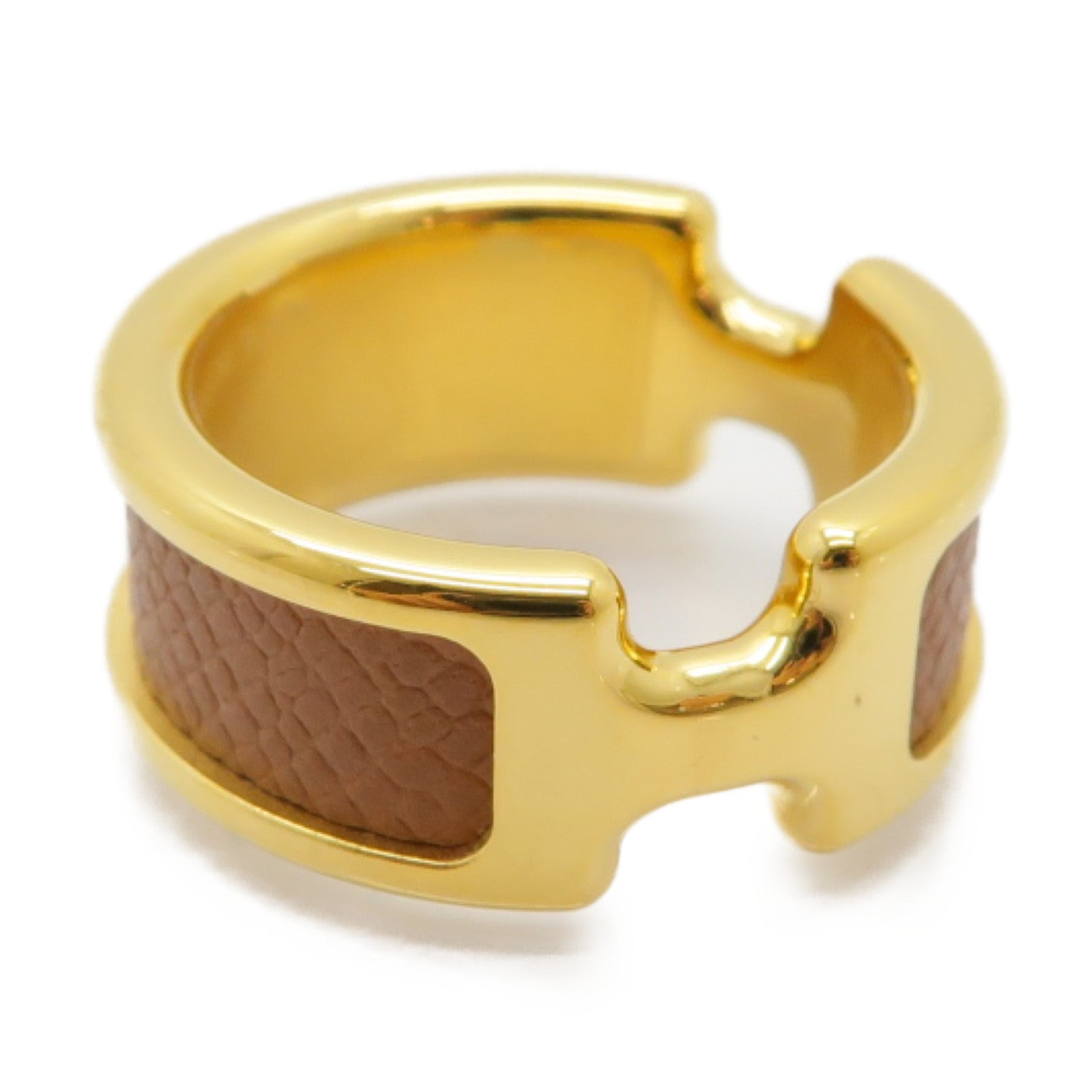 HERMES 金屬/皮革Olympe Ring Small Model戒指US#6.5啡色/金色
