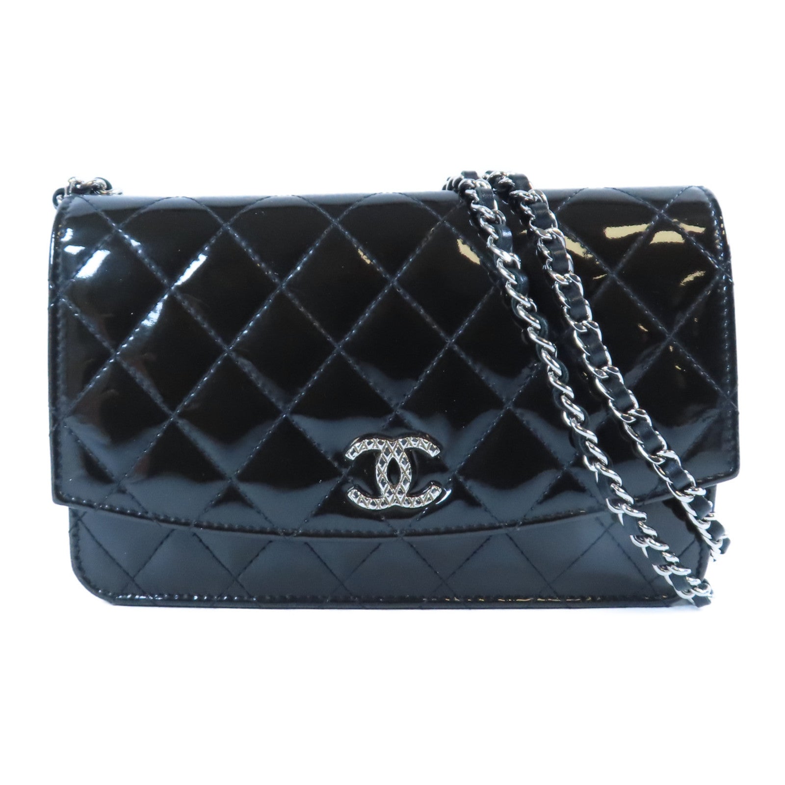 CHANEL 菱格漆皮皮革Wallet On Chain銀扣鏈帶肩背袋黑色