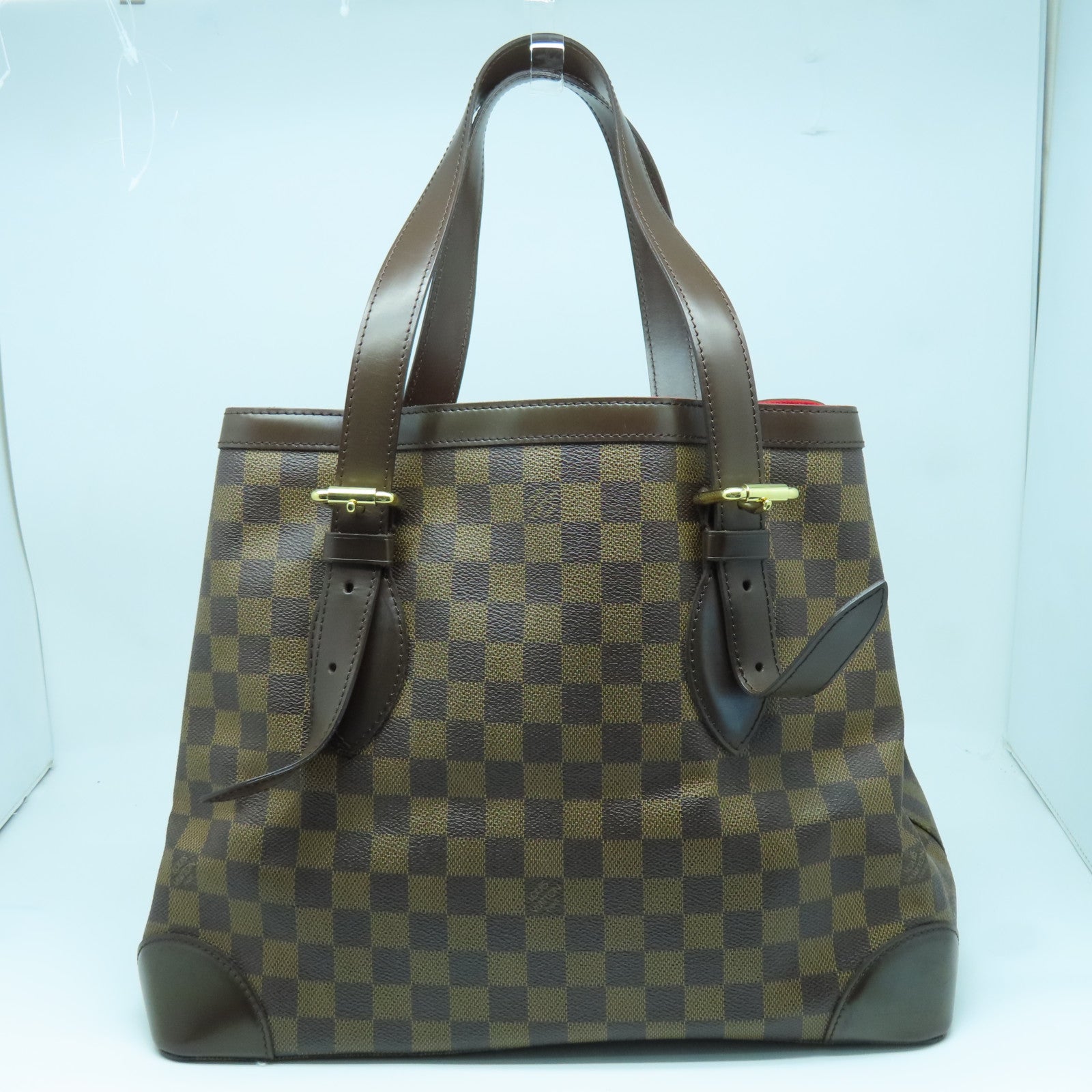 LOUIS VUITTON Damier Hampstead MM金扣手挽袋棕色/红色