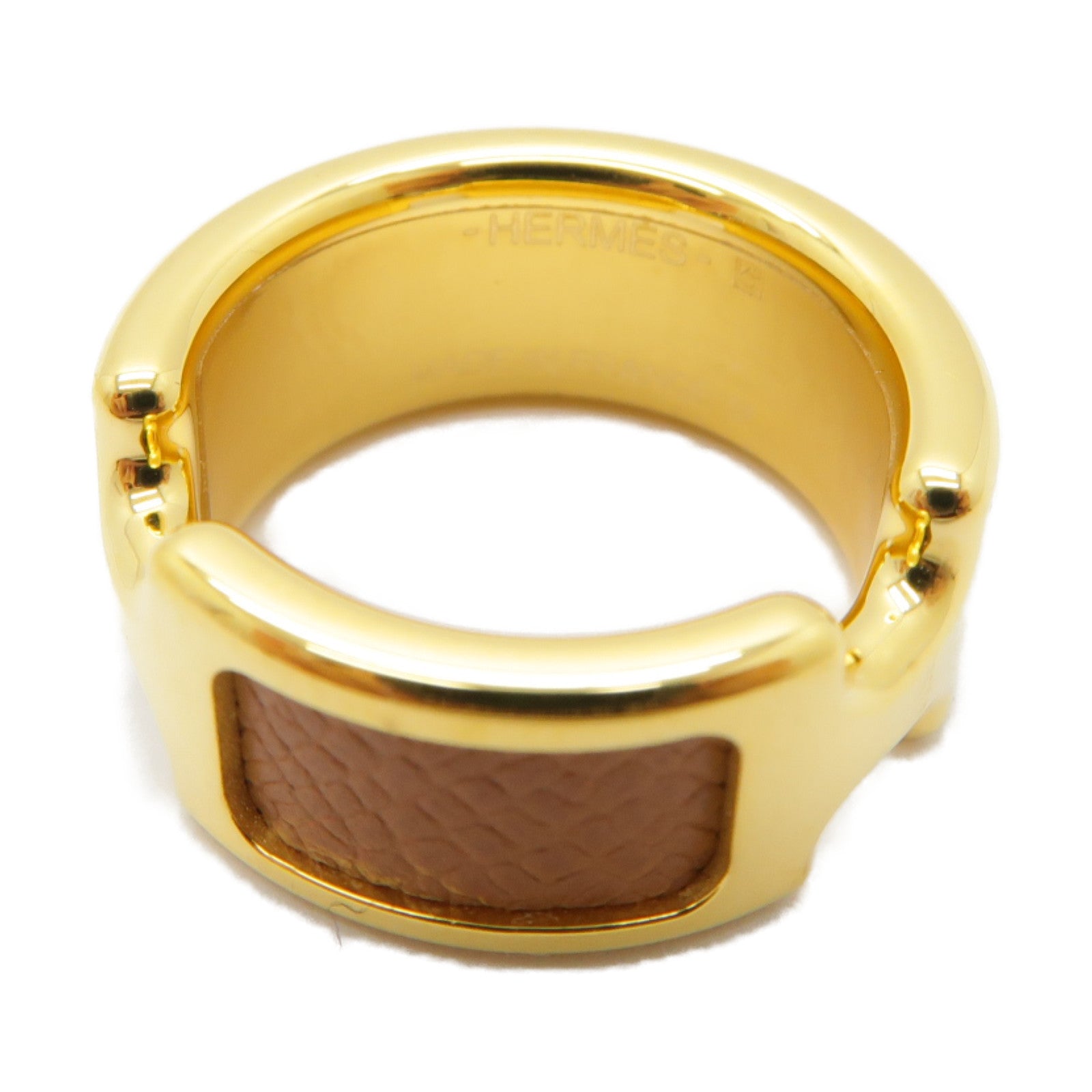 HERMES 金屬/皮革Olympe Ring Small Model戒指US#6.5啡色/金色