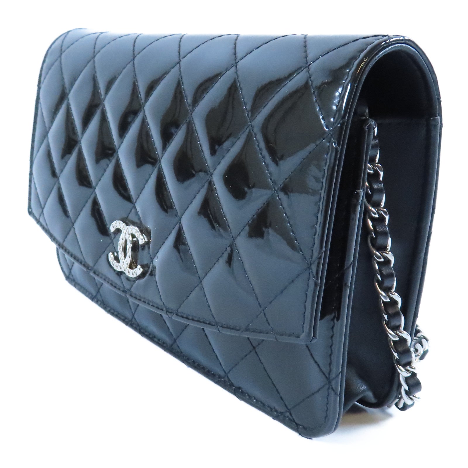 CHANEL 菱格漆皮皮革Wallet On Chain銀扣鏈帶肩背袋黑色