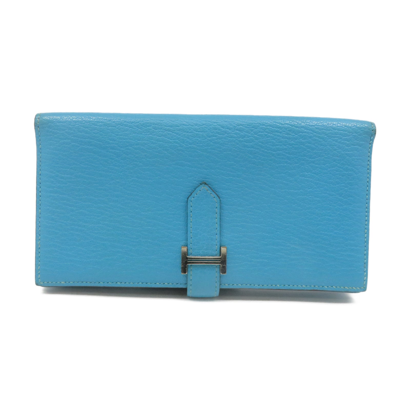 HERMES 【激減優惠】Chevre皮革Bearn Wallet銀扣長錢包Turquoise藍色