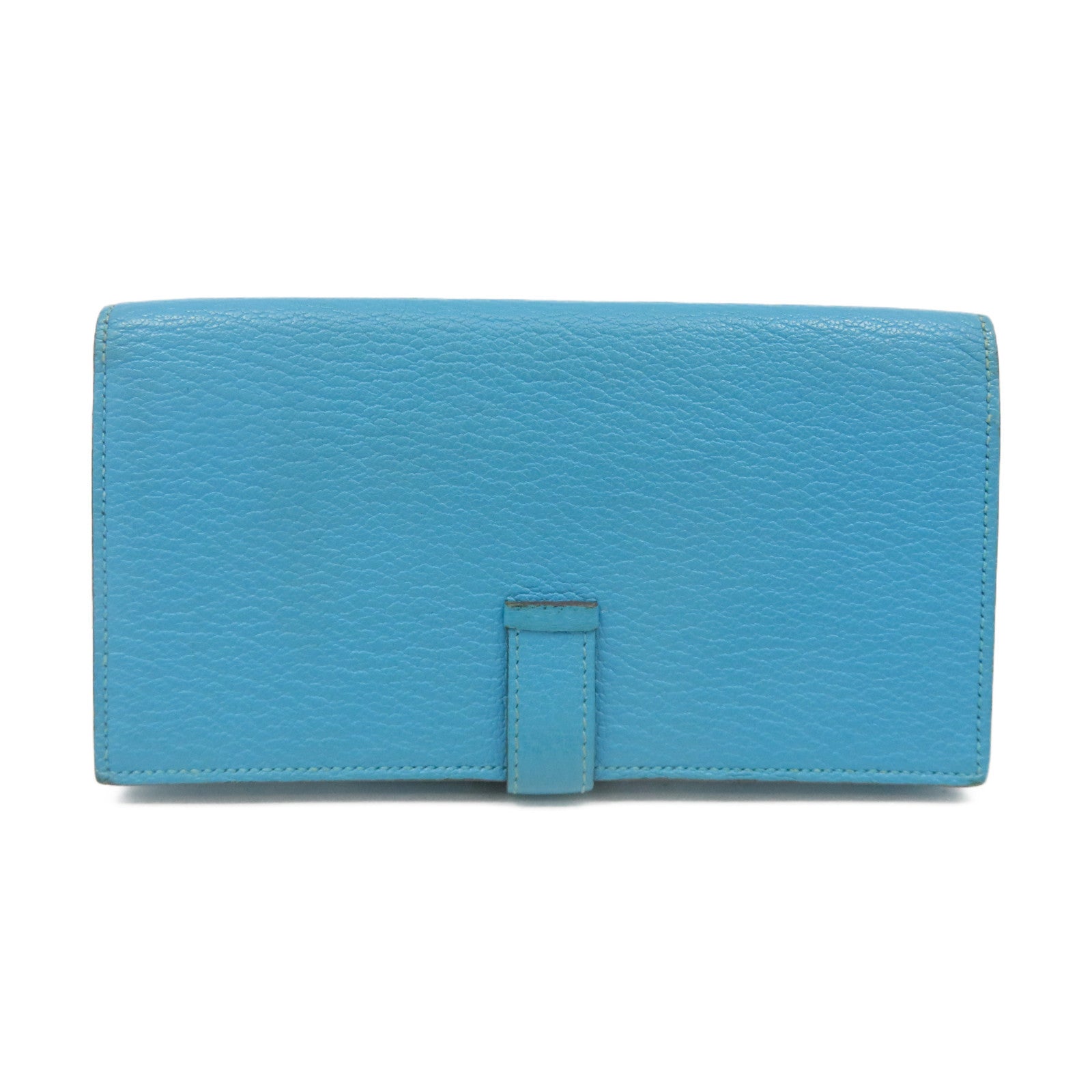 HERMES 【激減優惠】Chevre皮革Bearn Wallet銀扣長錢包Turquoise藍色