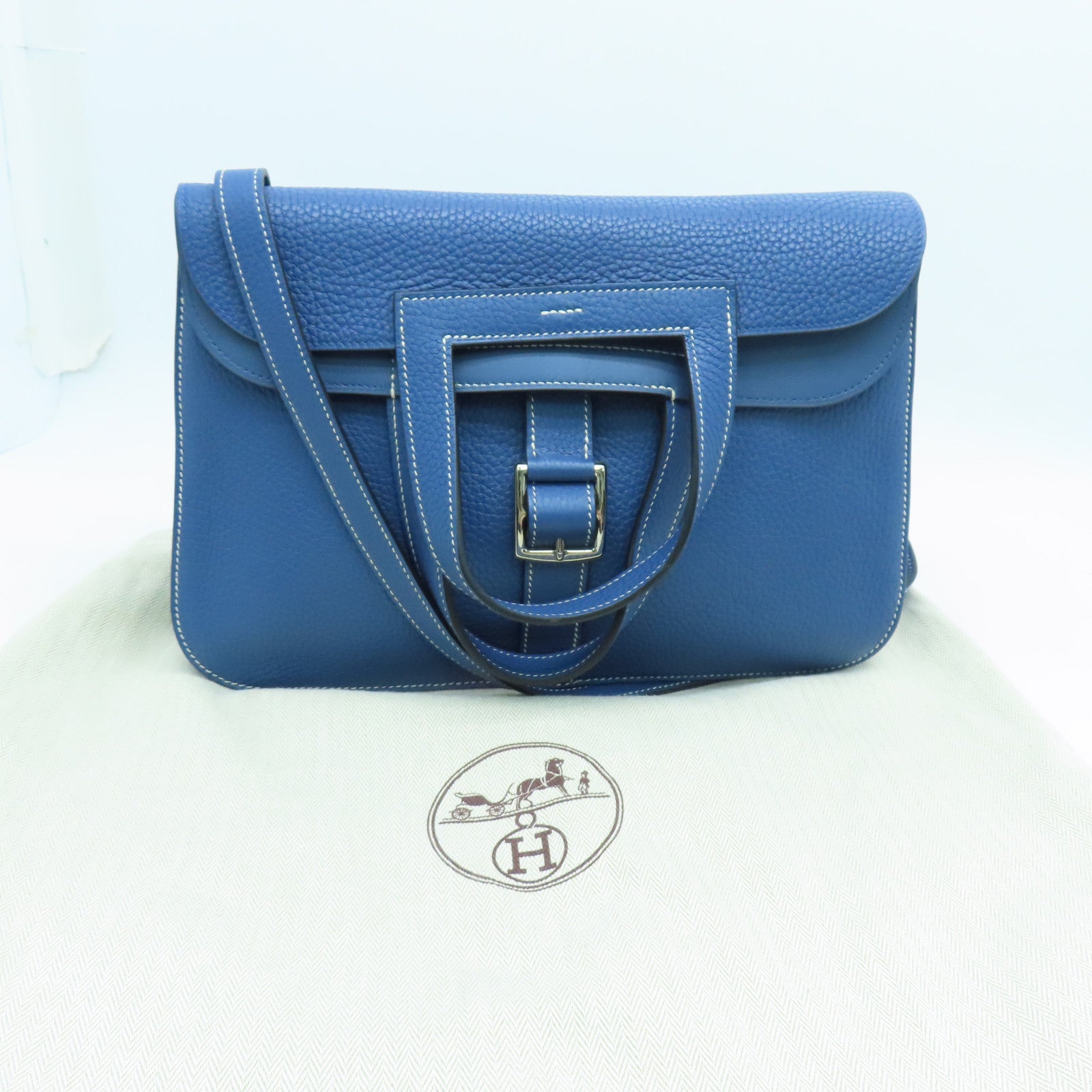 HERMES Clemence皮革Halzan 31银扣手挽肩背两用袋蓝色