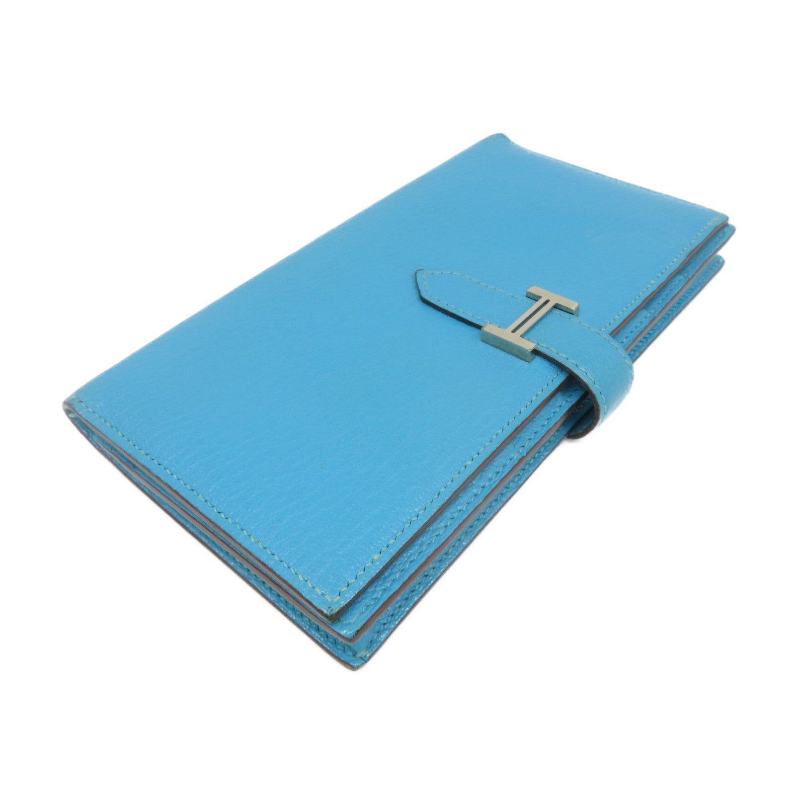 HERMES 【激減優惠】Chevre皮革Bearn Wallet銀扣長錢包Turquoise藍色