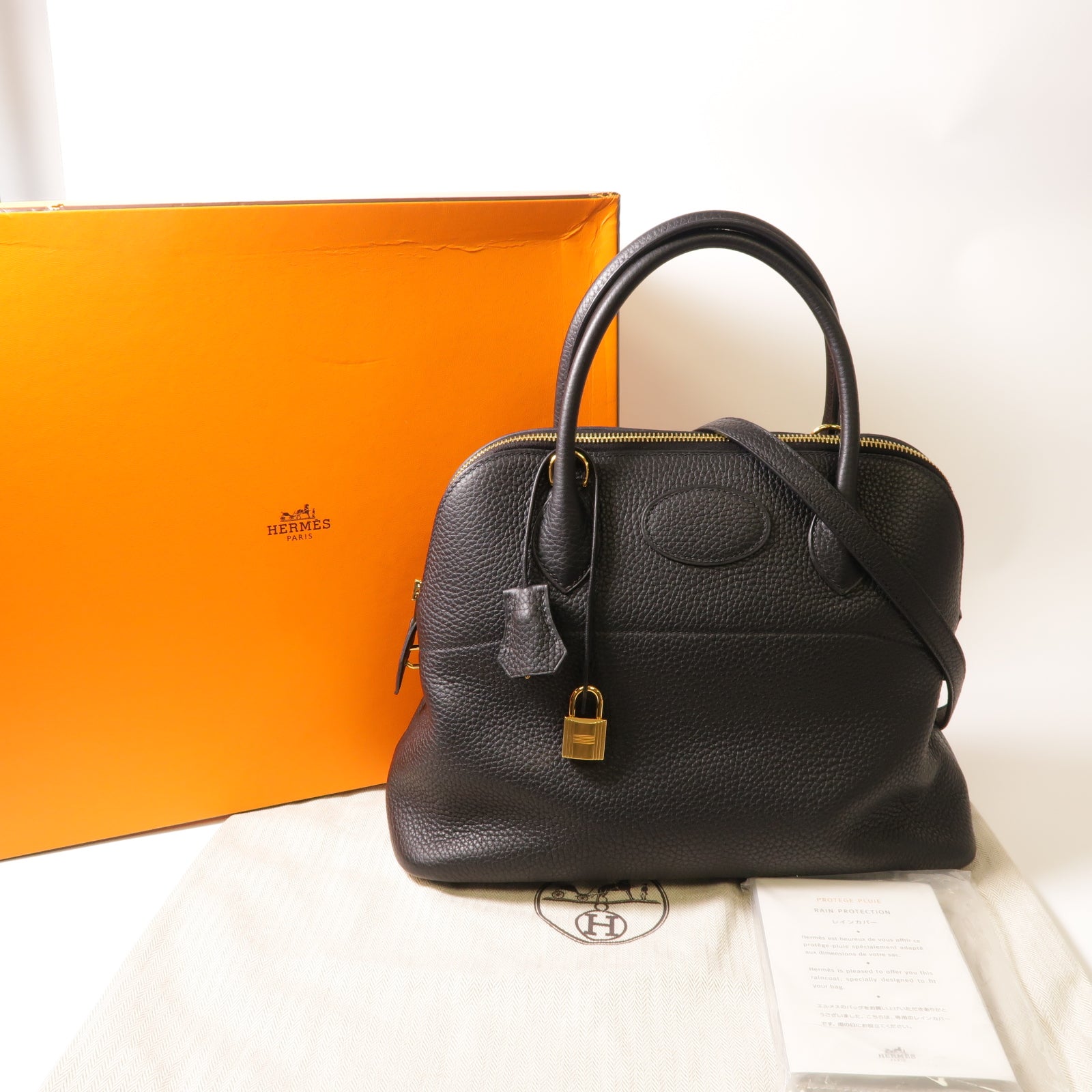 HERMES Clemence皮革Bolide 31金扣手挽肩背兩用袋黑色