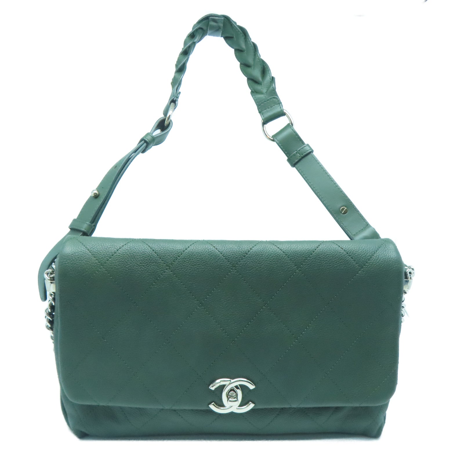 CHANEL 菱格牛皮皮革Shoulder Bag银扣肩背袋绿色