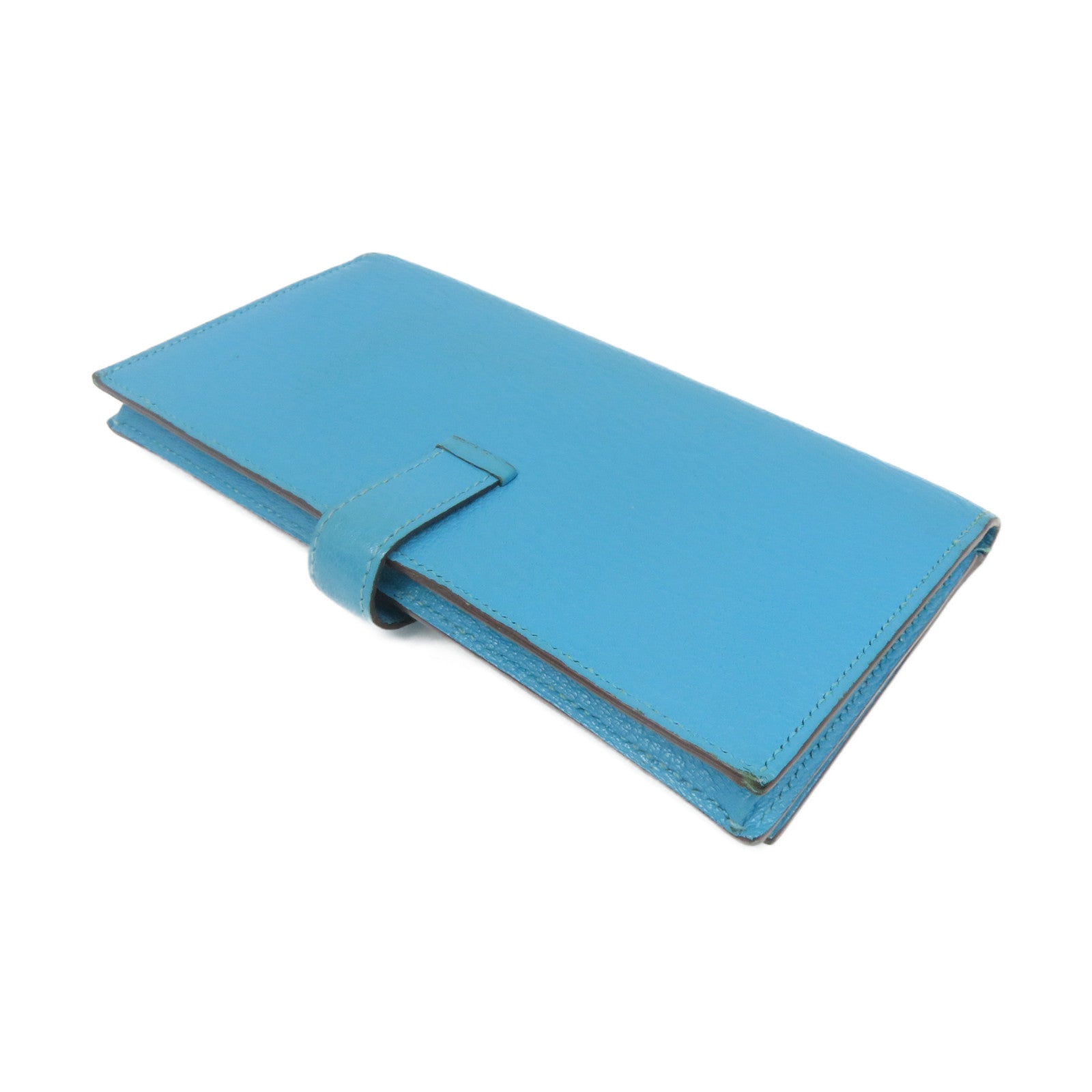 HERMES 【激減優惠】Chevre皮革Bearn Wallet銀扣長錢包Turquoise藍色