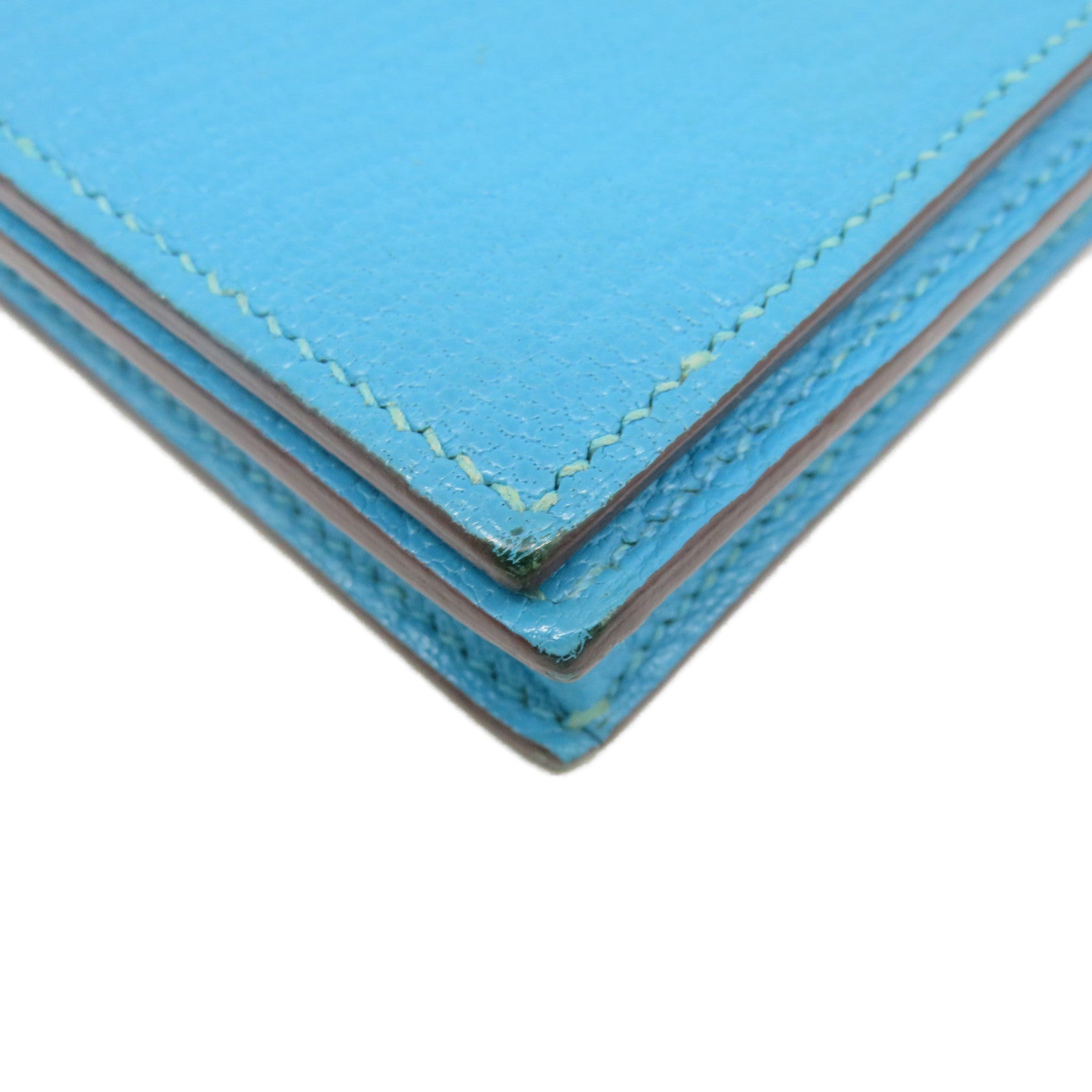 HERMES 【激減優惠】Chevre皮革Bearn Wallet銀扣長錢包Turquoise藍色